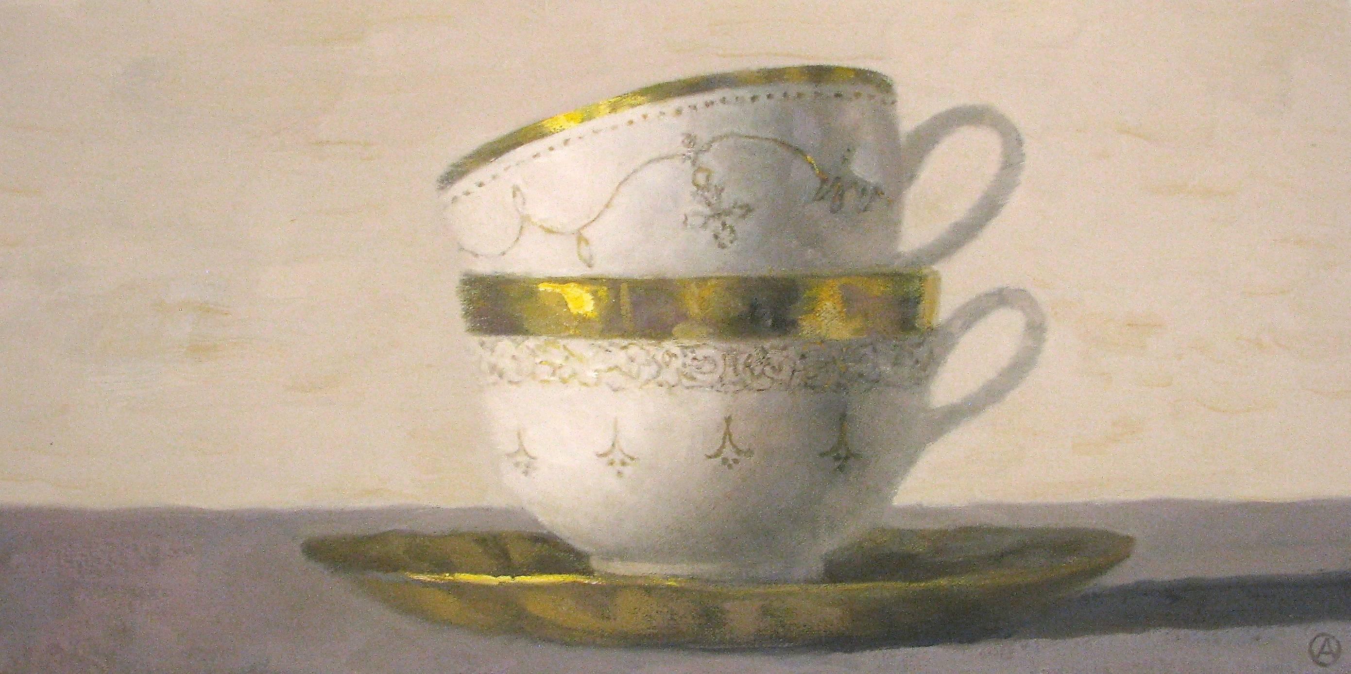 Olga Antonova Still-Life Painting - "Elegant Still Life of Two Stacked Cups with Golden Rims"