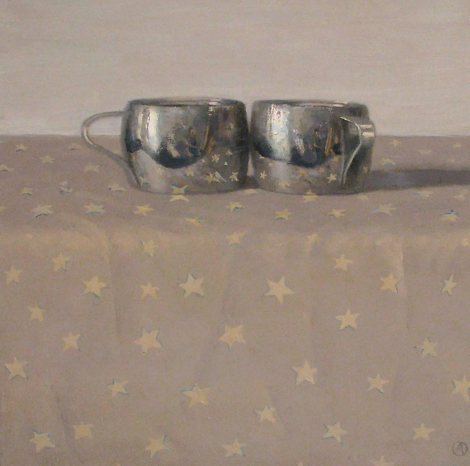 Olga Antonova Still-Life Painting - 2 Silver Cups on Cloth with Gold Stars