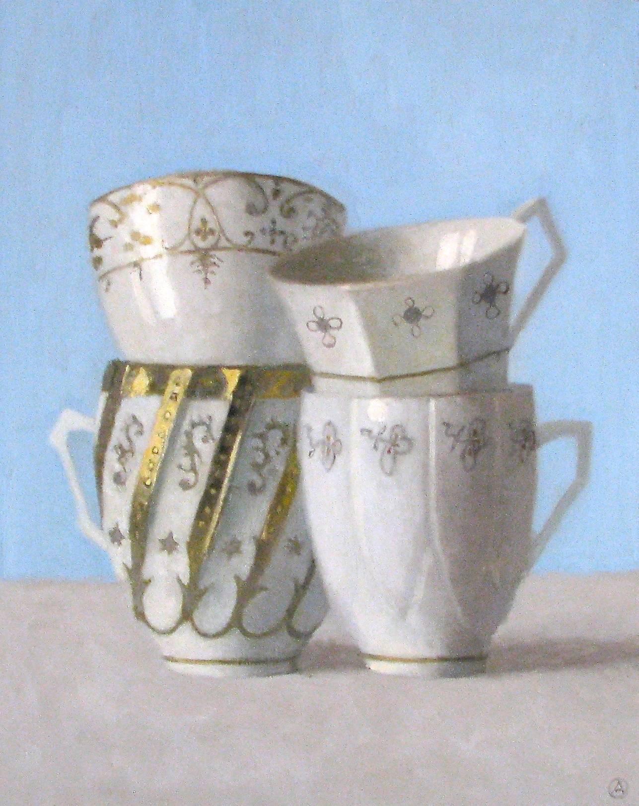 Olga Antonova Still-Life Painting - "Four White and Gold Cups Still Life on Bright Blue Background with Gray Cloth"