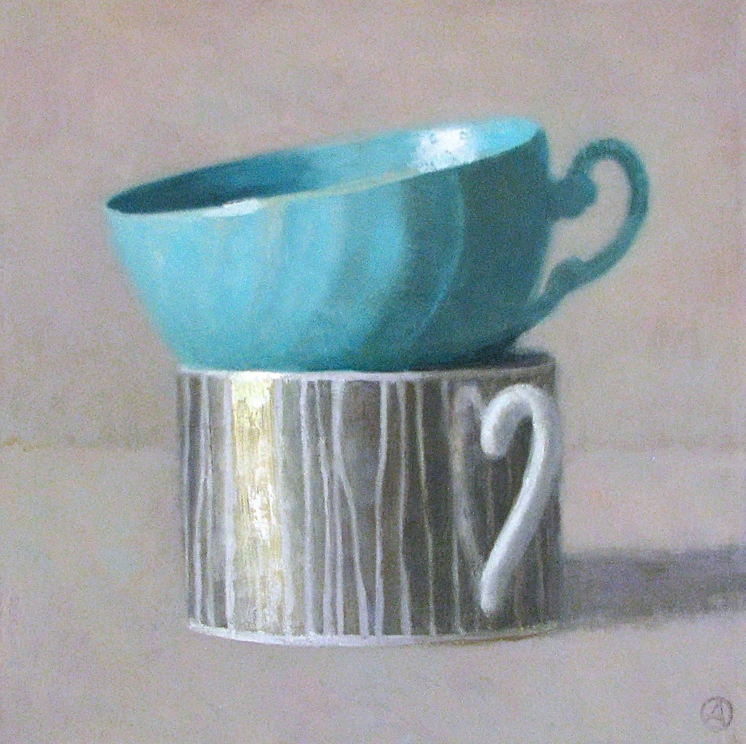 Olga Antonova Still-Life Painting - Two Stacked Cups, One Turquoise