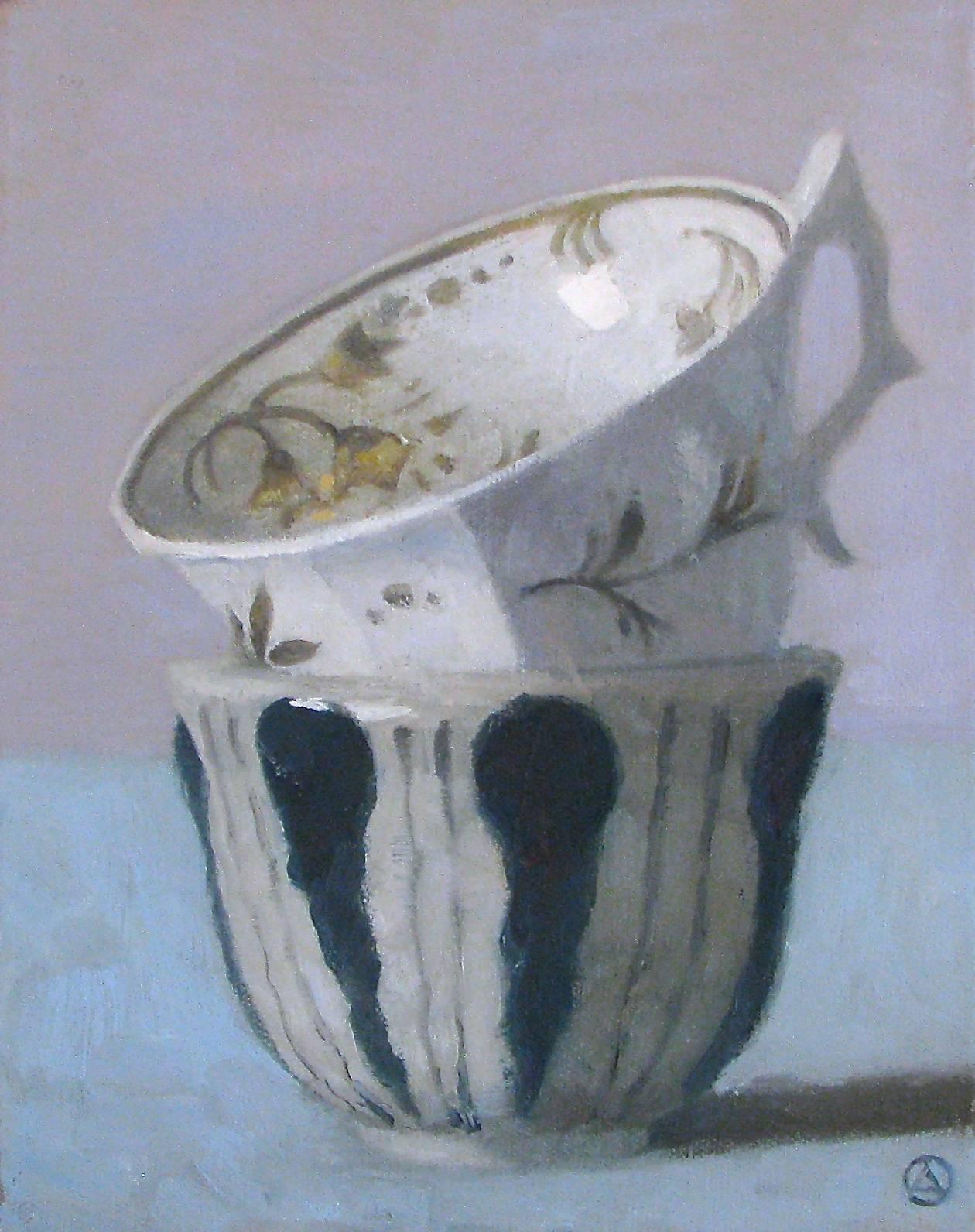 Olga Antonova Still-Life Painting - "Elegant Still Life of Two Stacked Cups, One with Dark Blue Stripes"