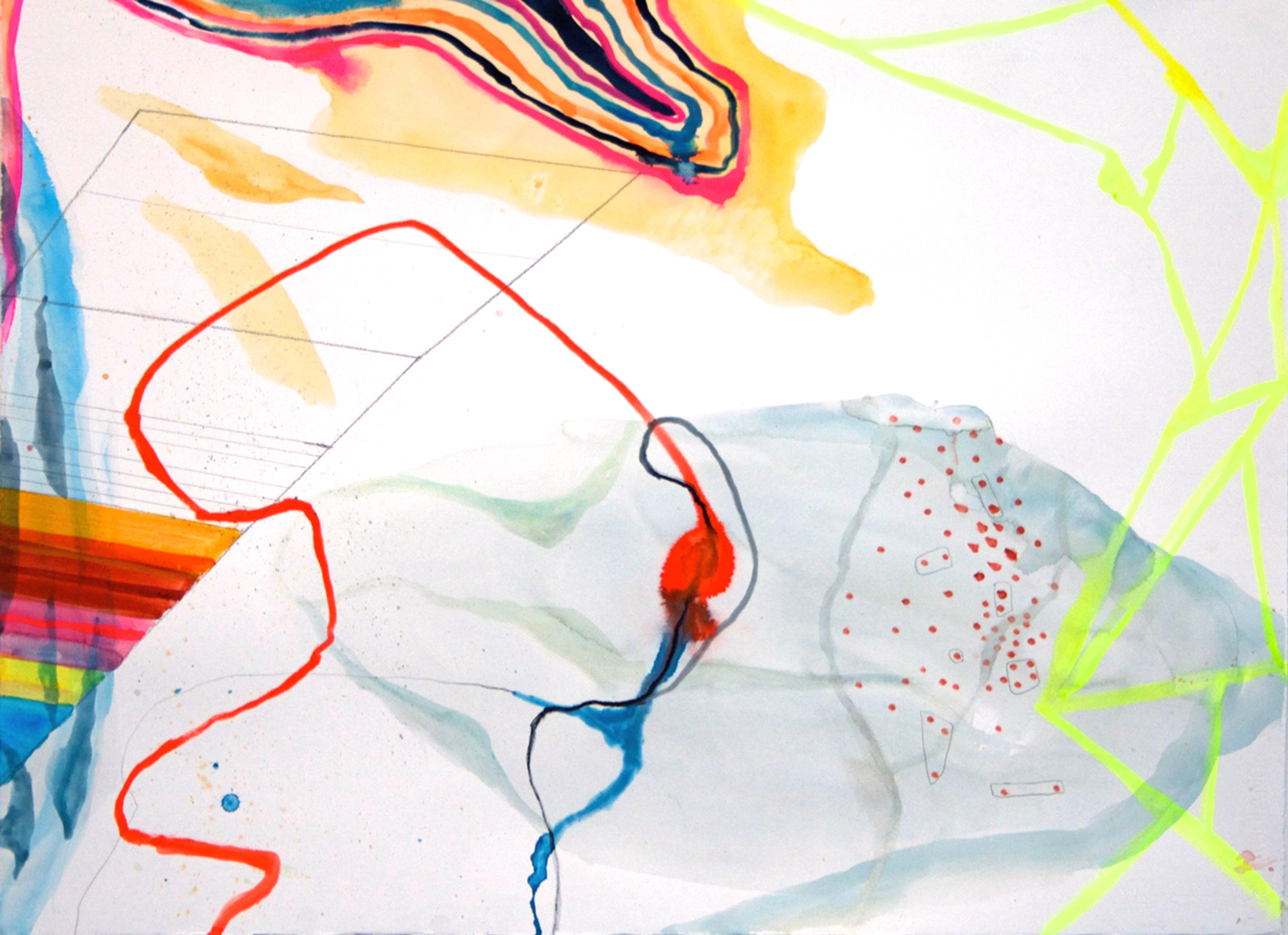 Susan Sharp Abstract Drawing - "Aerial #2"  Vivid  abstraction in white, red, electric chartreuse, orange, blue