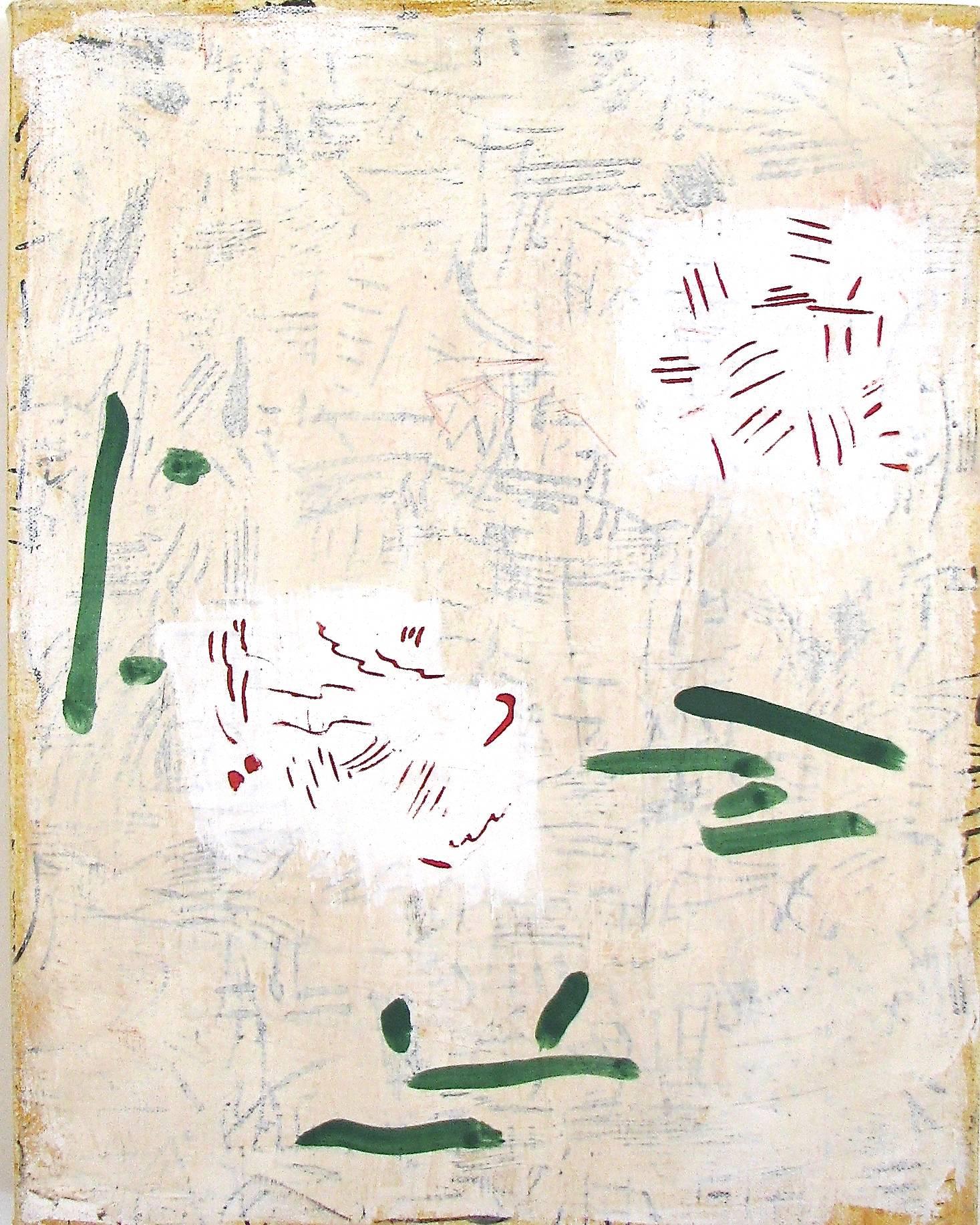Margo Margolis Abstract Painting - "Page 5"   Small Abstraction in Cream, White, Green, Black and Red