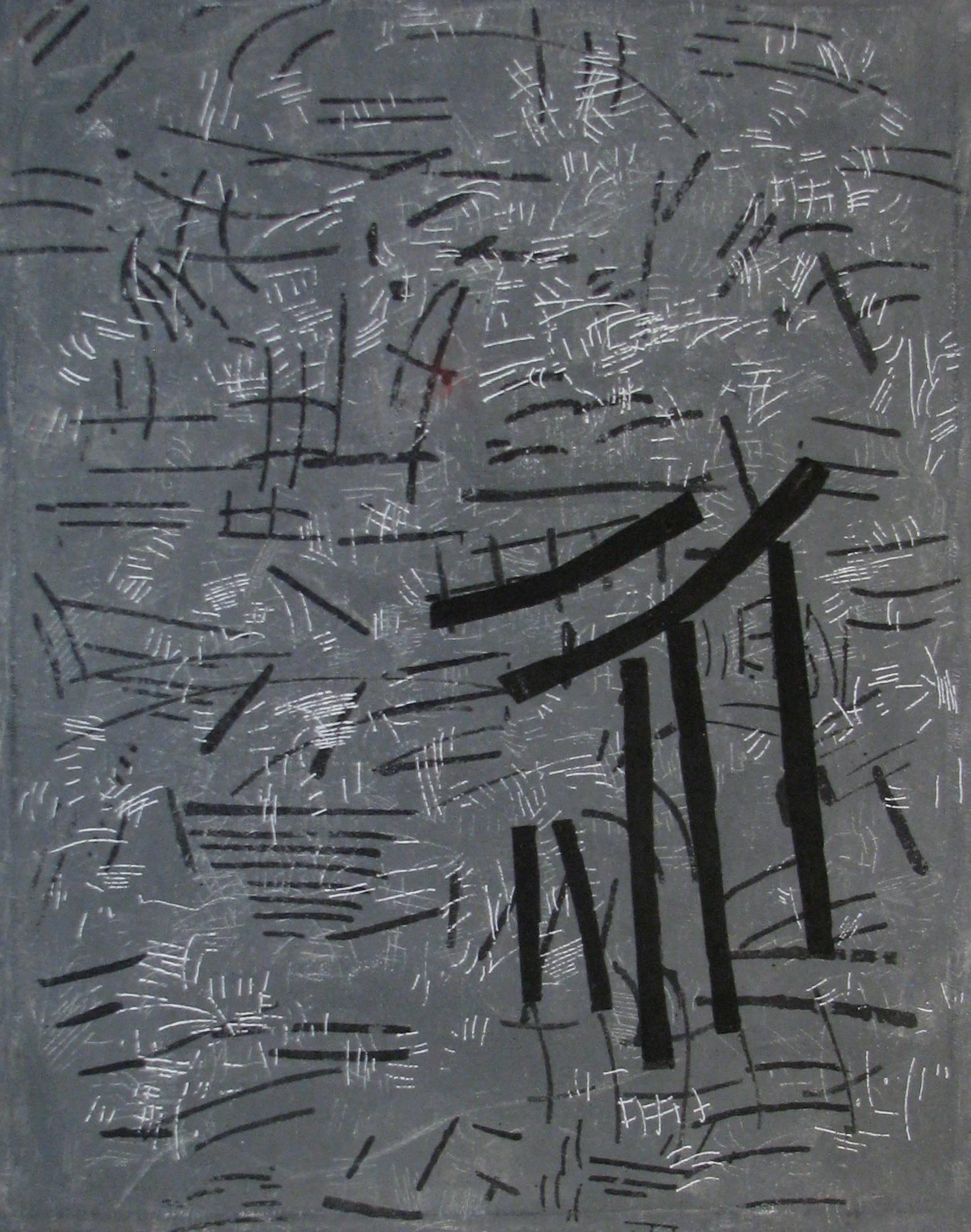 ""page 8"" Peinture à l'huile géométrique abstraite d'un gris Calder-esque ludique
