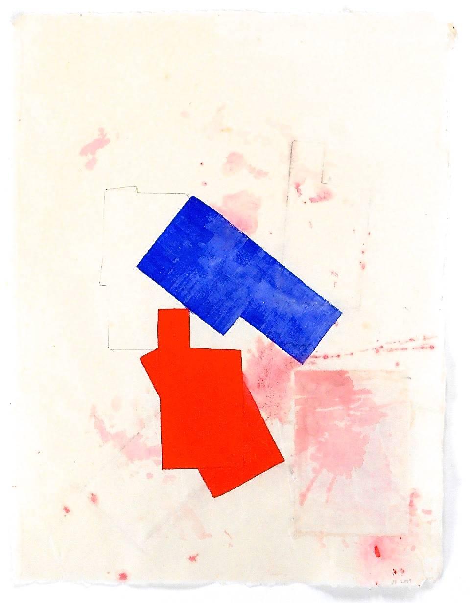 "P4.15" Abstract Expressionist Geometric Blue Red Colorful Collage Gouache - Mixed Media Art by Jean Feinberg