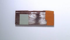 Abstraktes geometrisches Ölgemälde auf Holz in Rot und Blau, Mischtechnik, „Little Rust“ 
