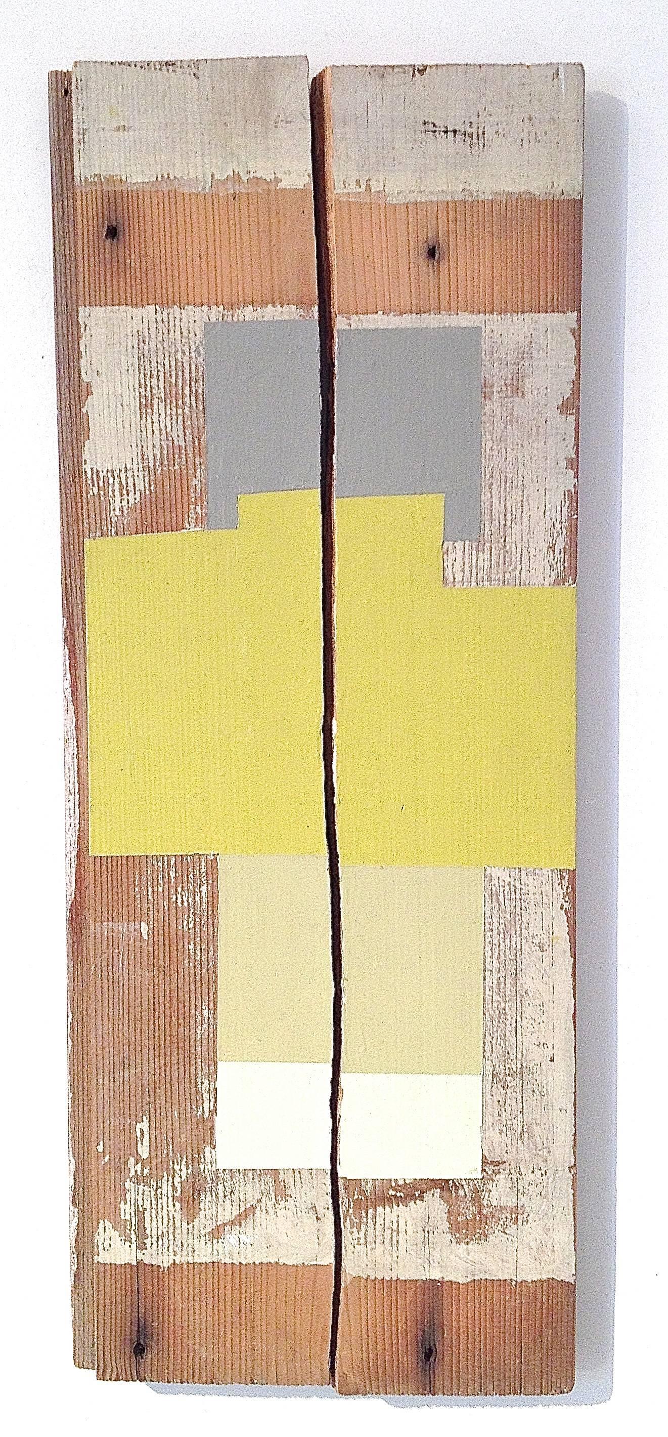 Abstraktes geometrisches Ölgemälde auf Holz, Gelb, Mischtechnik, „Splitsville“ – Mixed Media Art von Jean Feinberg