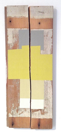 Abstraktes geometrisches Ölgemälde auf Holz, Gelb, Mischtechnik, „Splitsville“