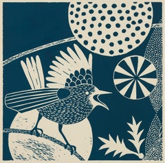 "Chittering and Chattering III "Folk inspired Linoleum Blue/White Print of Birds
