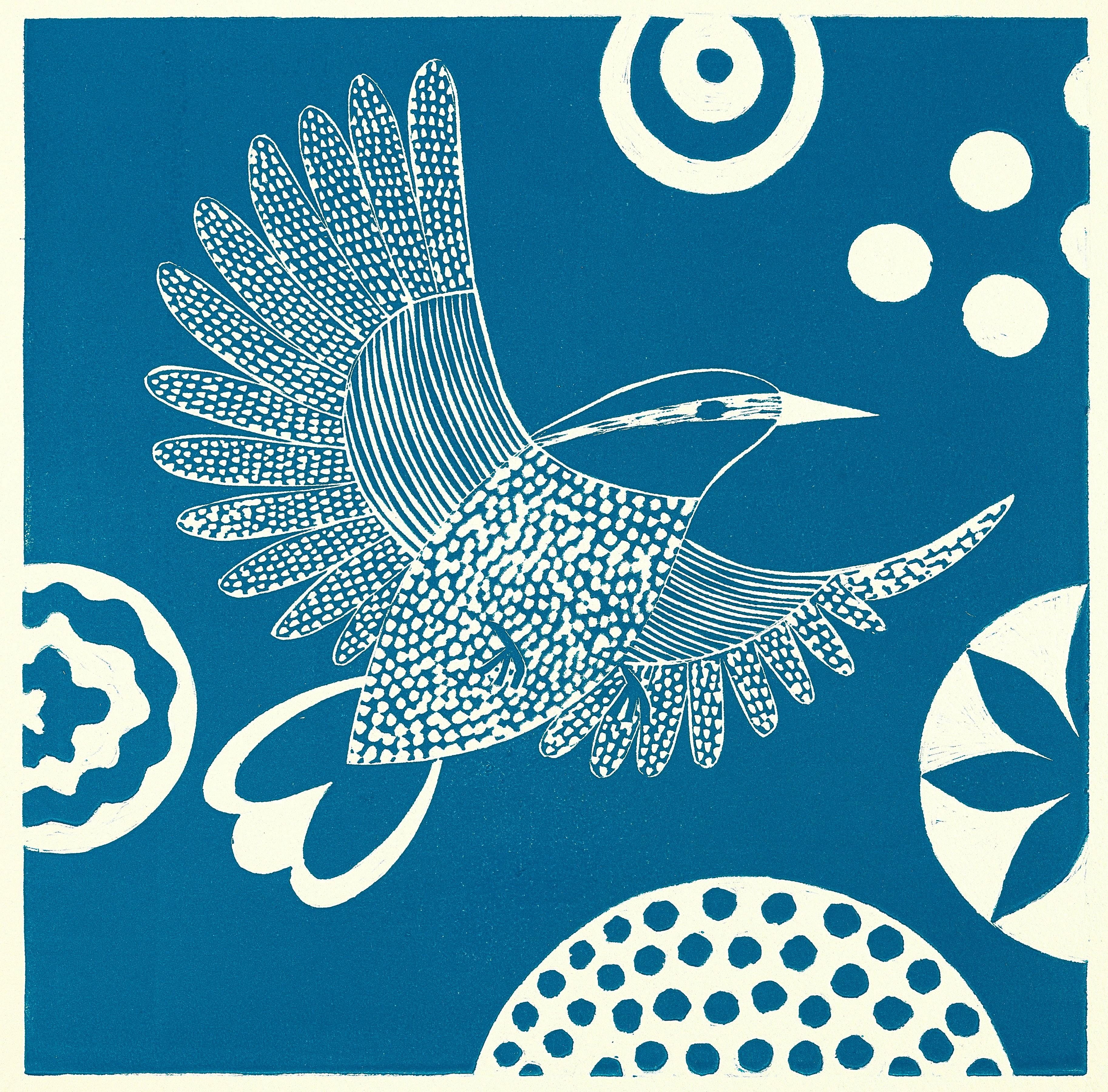 Lisa Houck Animal Print - "Chittering and Chattering I, " Folk inspired Blue Linoleum Block Print of Birds