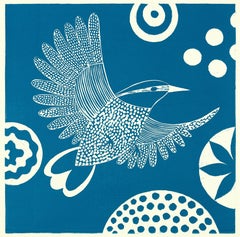 "Chittering and Chattering I," Folk inspired Blue Linoleum Block Print of Birds