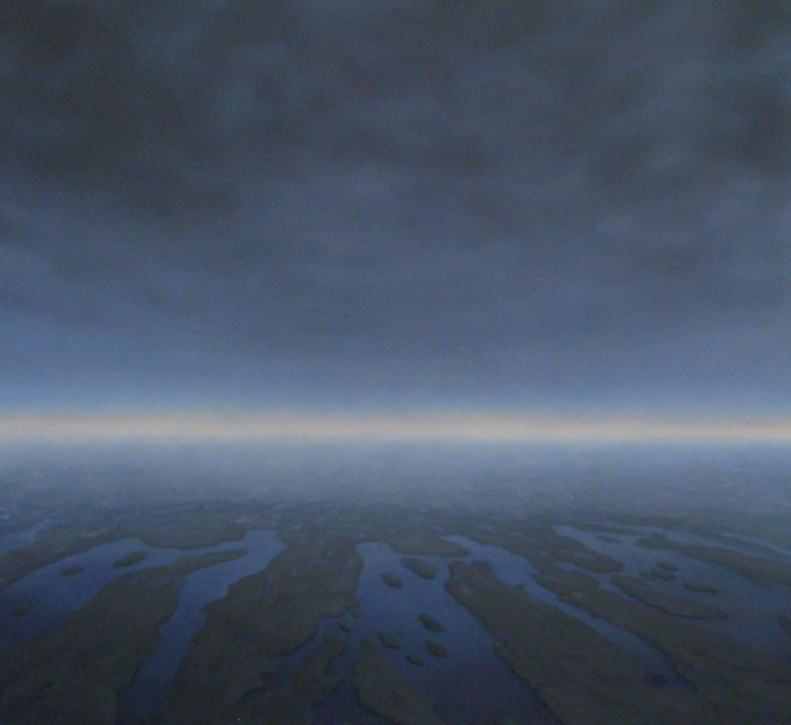 Kimberly MacNeille Landscape Painting - "Over the Finger Lakes"  Aerial Landscape View of at Dusk in Blues and Whites