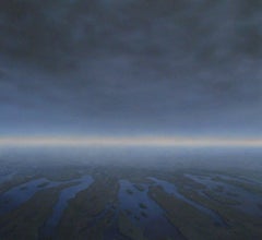 « Over the Finger Lakes » (Les lacs des doigts)  Paysage aérien vue de au crépuscule en bleu et blanc