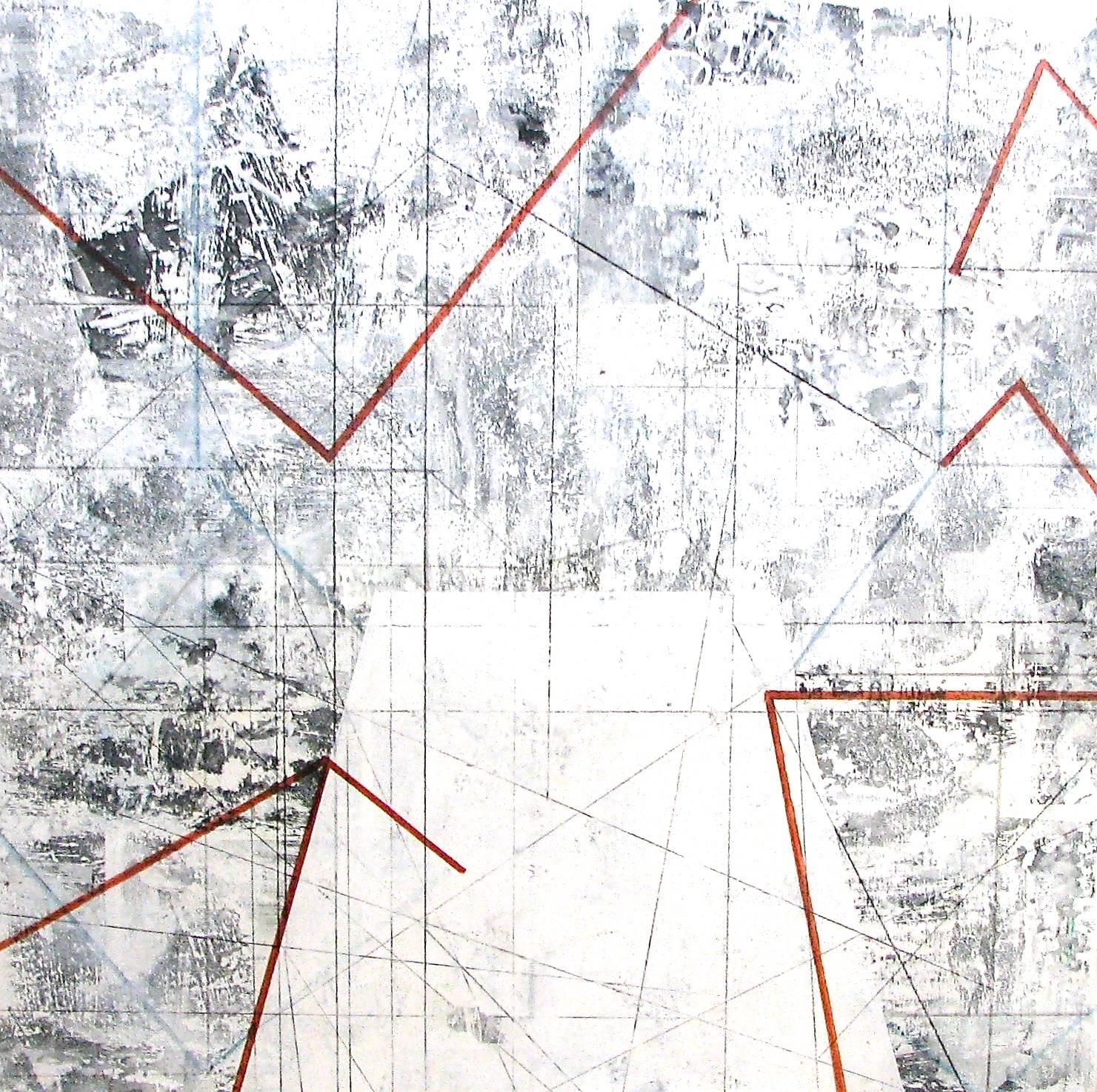 Nancy Berlin Abstract Painting - "Covered Over 2" Abstract Geometric White Black Red Modern Mixed Media