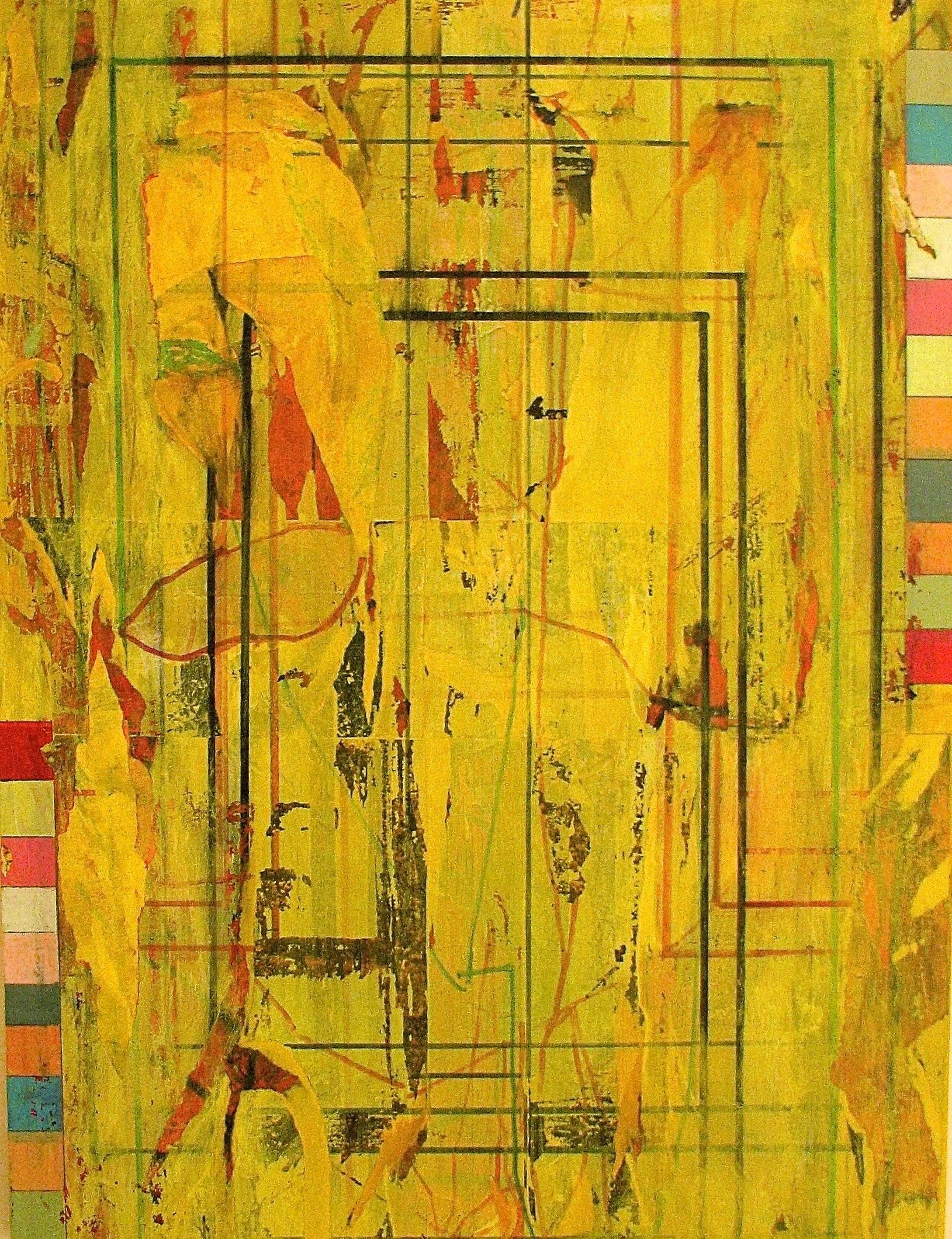 Nancy Berlin Abstract Painting - "Watching Change" Abstract Expressionist Yellow Bright Colorful Mixed Media
