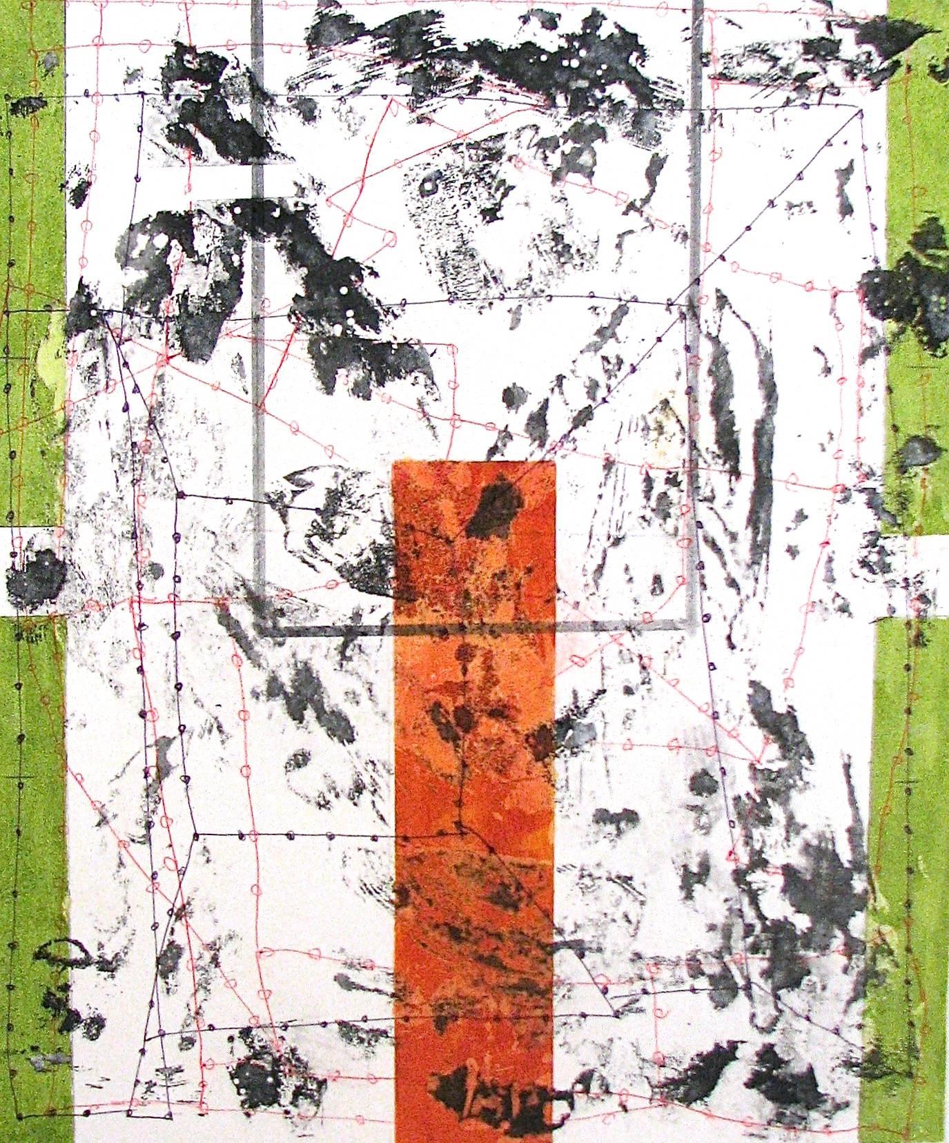 "In Every Direction 7" Abstract Geometric Green Red Black Mixed Media