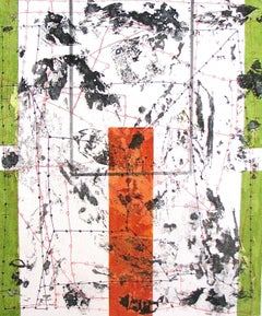 "In Every Direction 7" Abstract Geometric Green Red Black Mixed Media