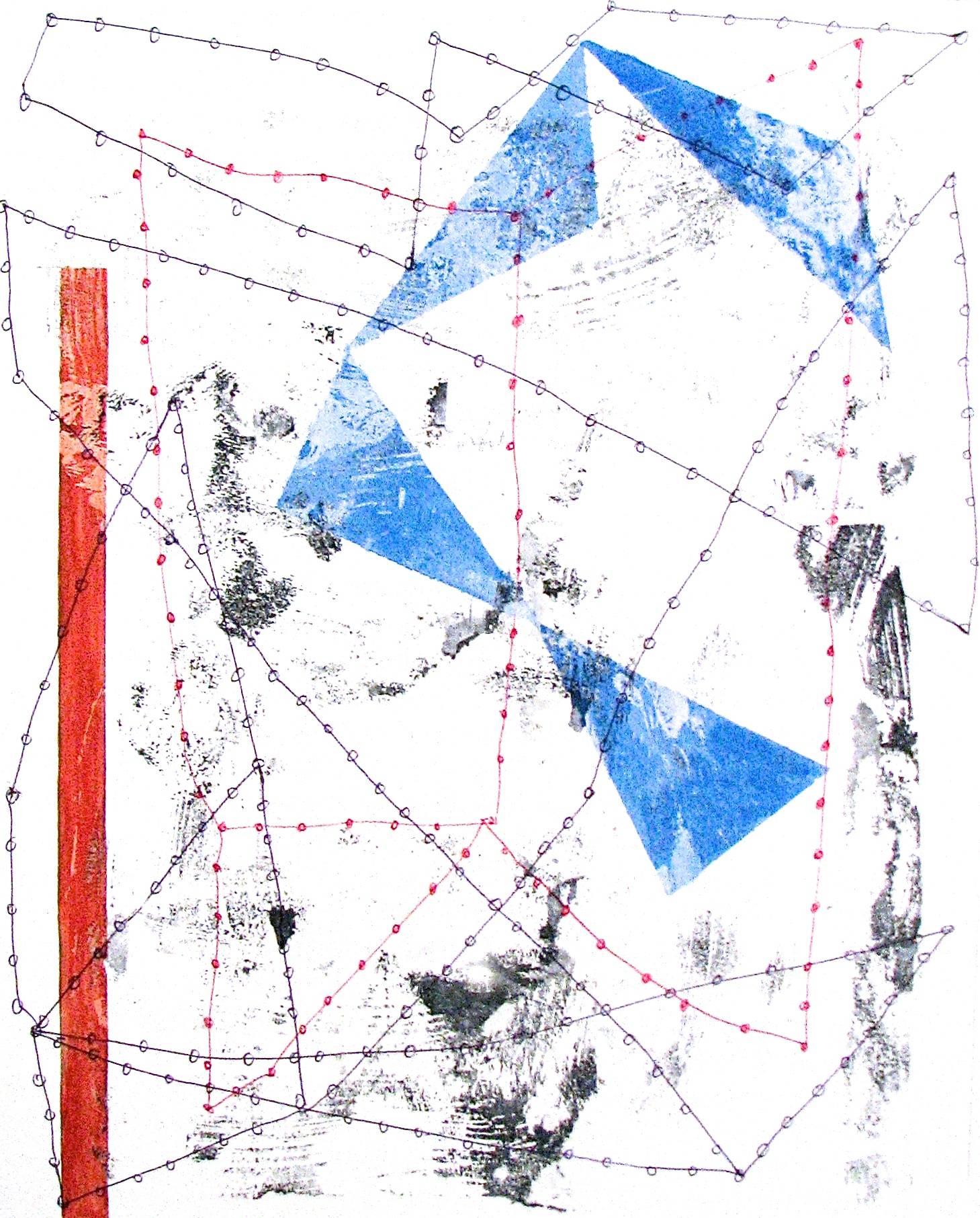 Abstract Drawing Nancy Berlin - ""Changing Perceptions 2" - Techniques mixtes ludiques abstraites géométriques rouges, blanches et bleues