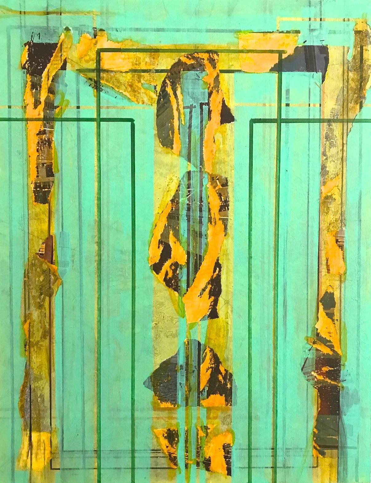 Nancy Berlin Abstract Painting - "Holding On" Abstract Contemporary Modern Blue Yellow Bright Mixed Media