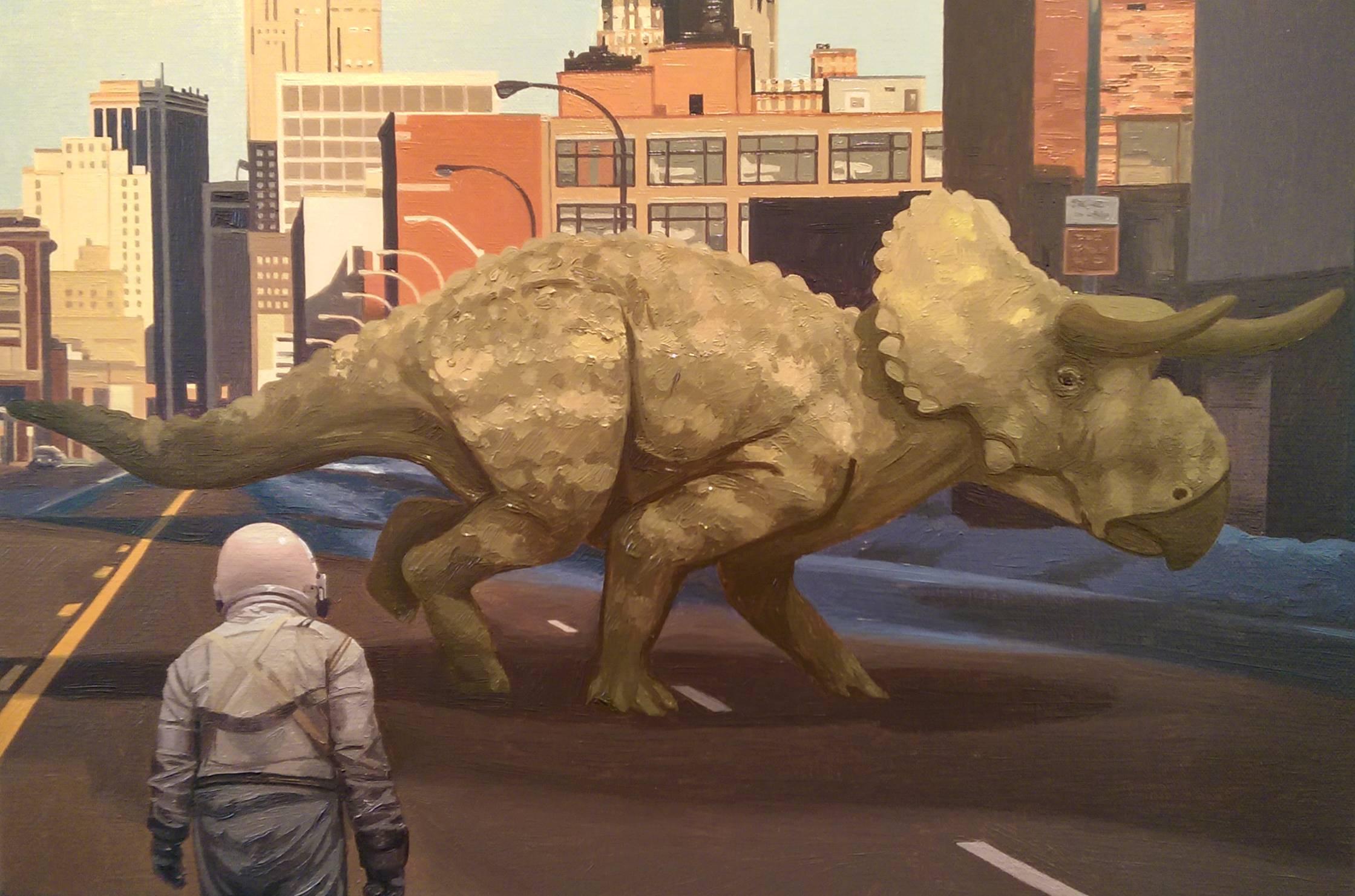 Crossing is an oil painting on canvas by Scott Listfield. It features his trademark astronaut observer, this time in downtown Detroit, Michigan. He viewed from behind in the immediate foreground and is confronted by a Triceratops crossing the road