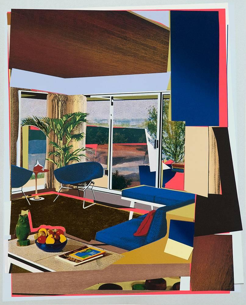 Mickalene Thomas Still-Life Print - Interior: Blue Couch and Green Owl