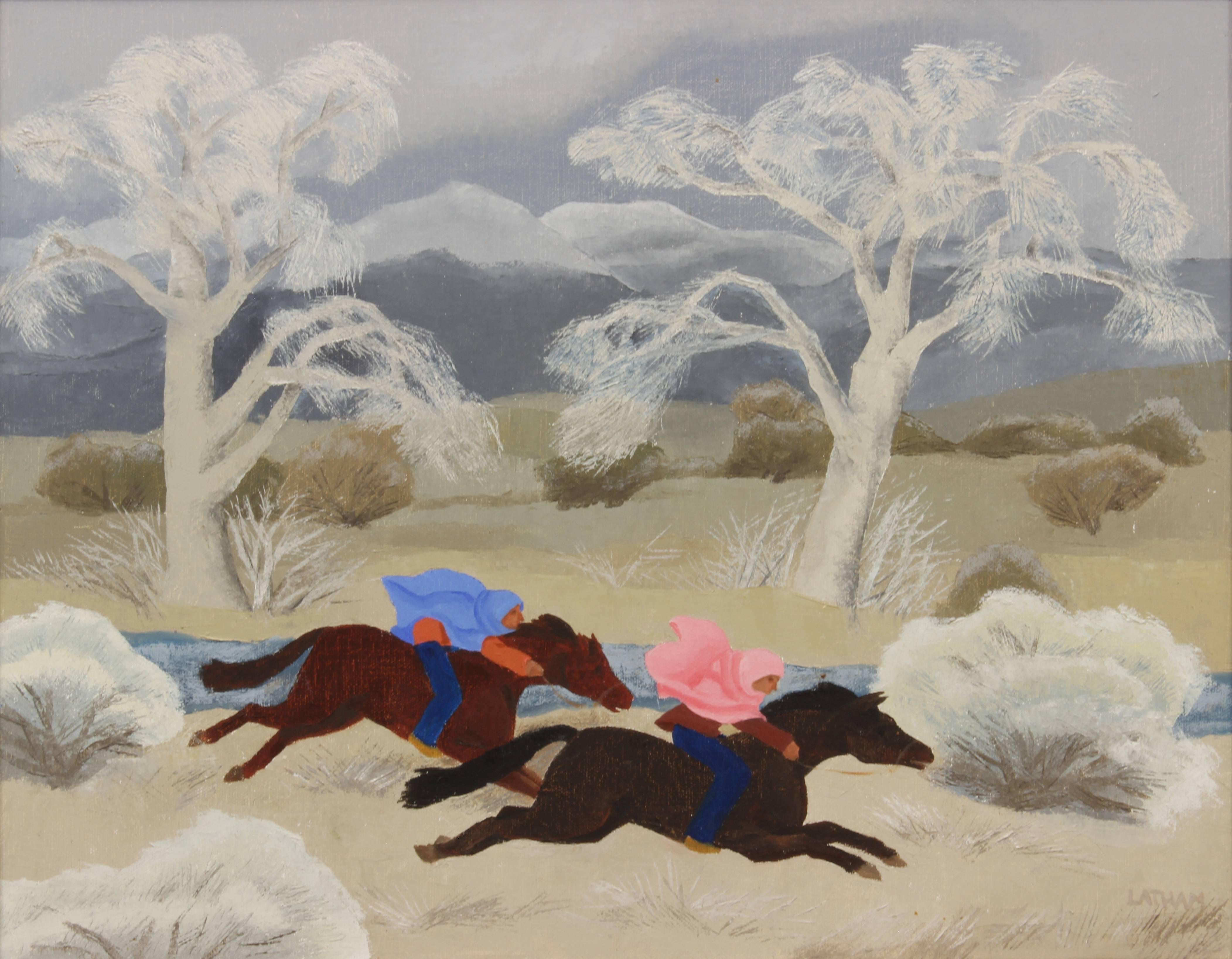 Barbara Latham Landscape Painting - Untitled - Two Riders in Winter