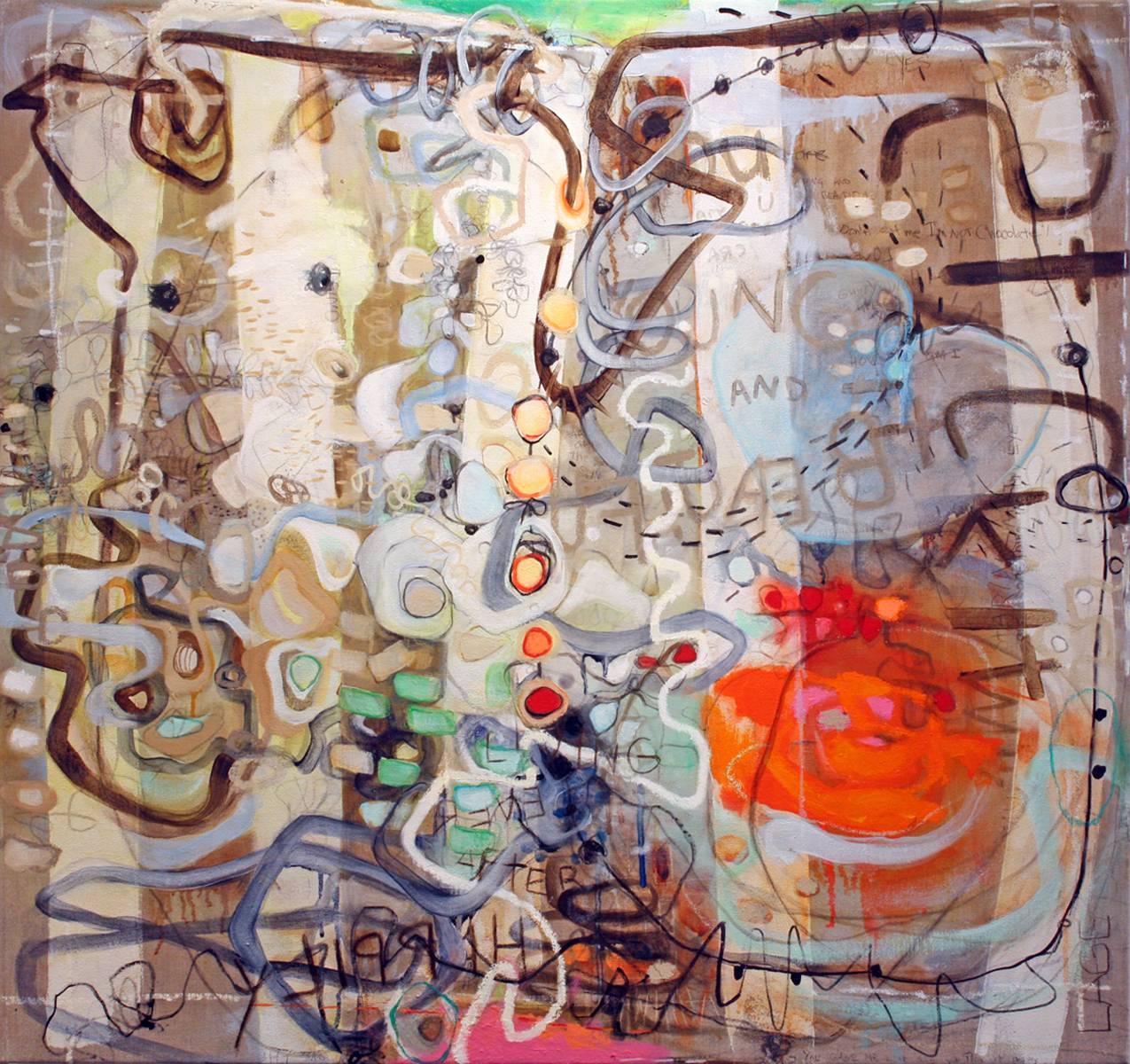 Janet Lage Abstract Painting - Stick It - There's a Pill for That graffiti painting