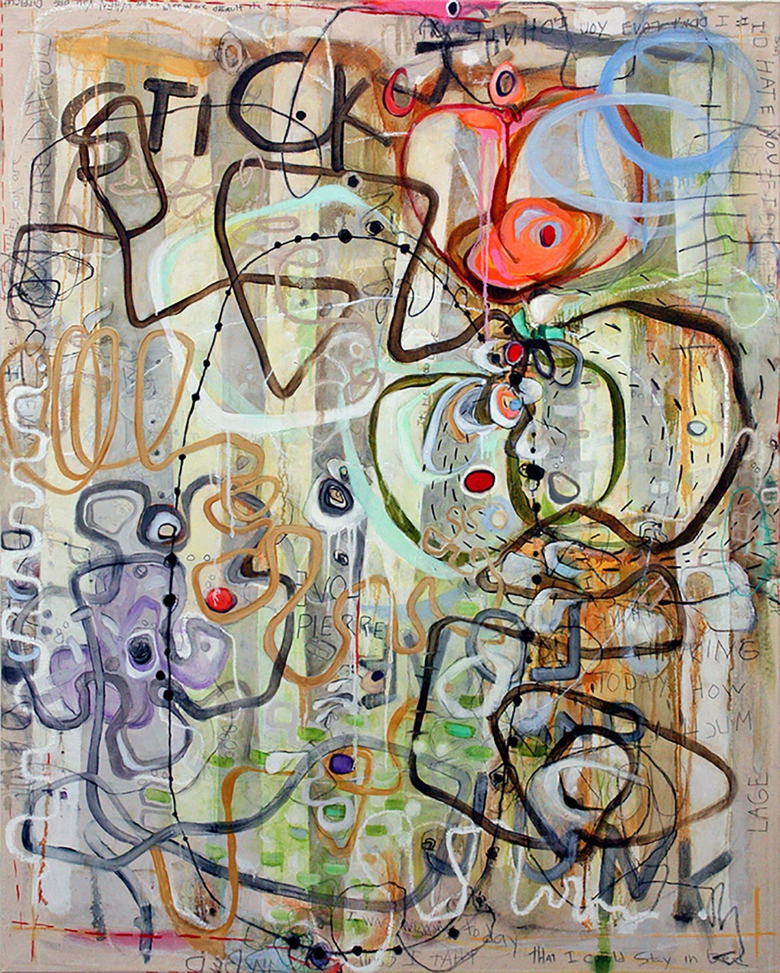 Janet Lage Abstract Painting - Stick It - Love and Junk