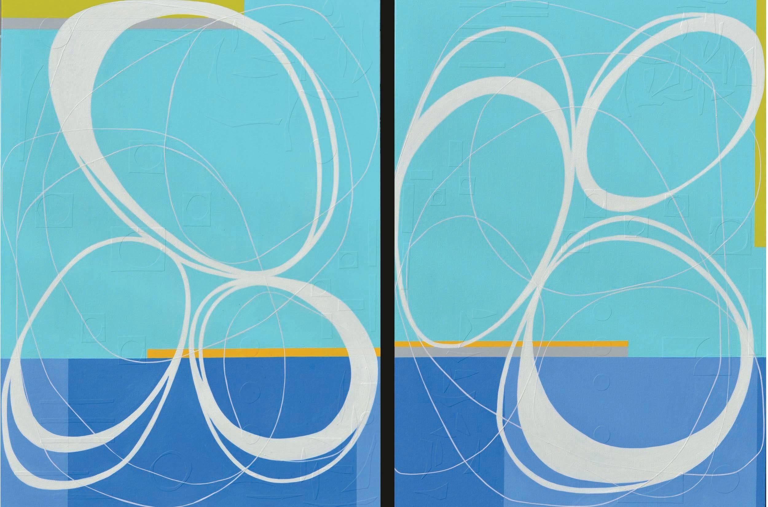 Maura Segal Abstract Painting - Bicycle 1 & 2 abstract blue mid century modern style