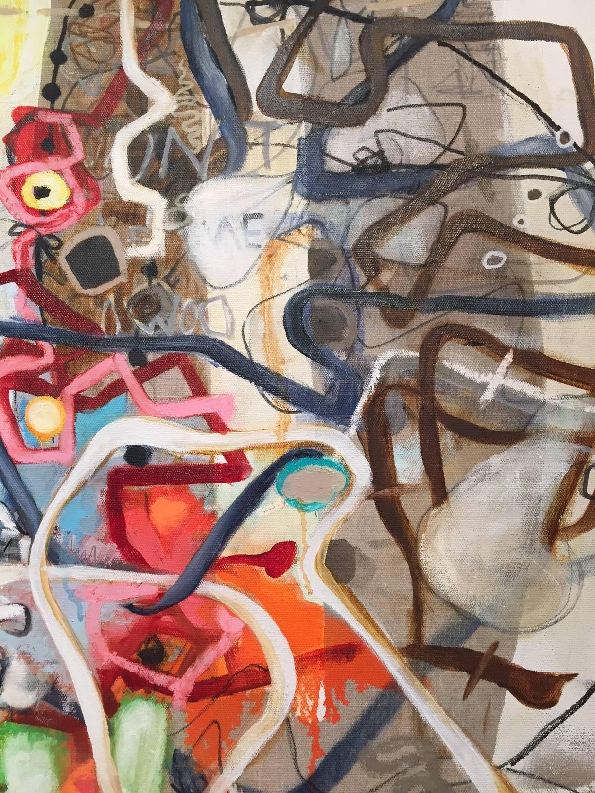 Janet Lage’s graffiti inspired energetic abstract pieces are loaded with writing, color, form and expressionistic brushstrokes. 
For Lage, the painting process is an alliance of language and image. The narrative is based on the changing dynamics of