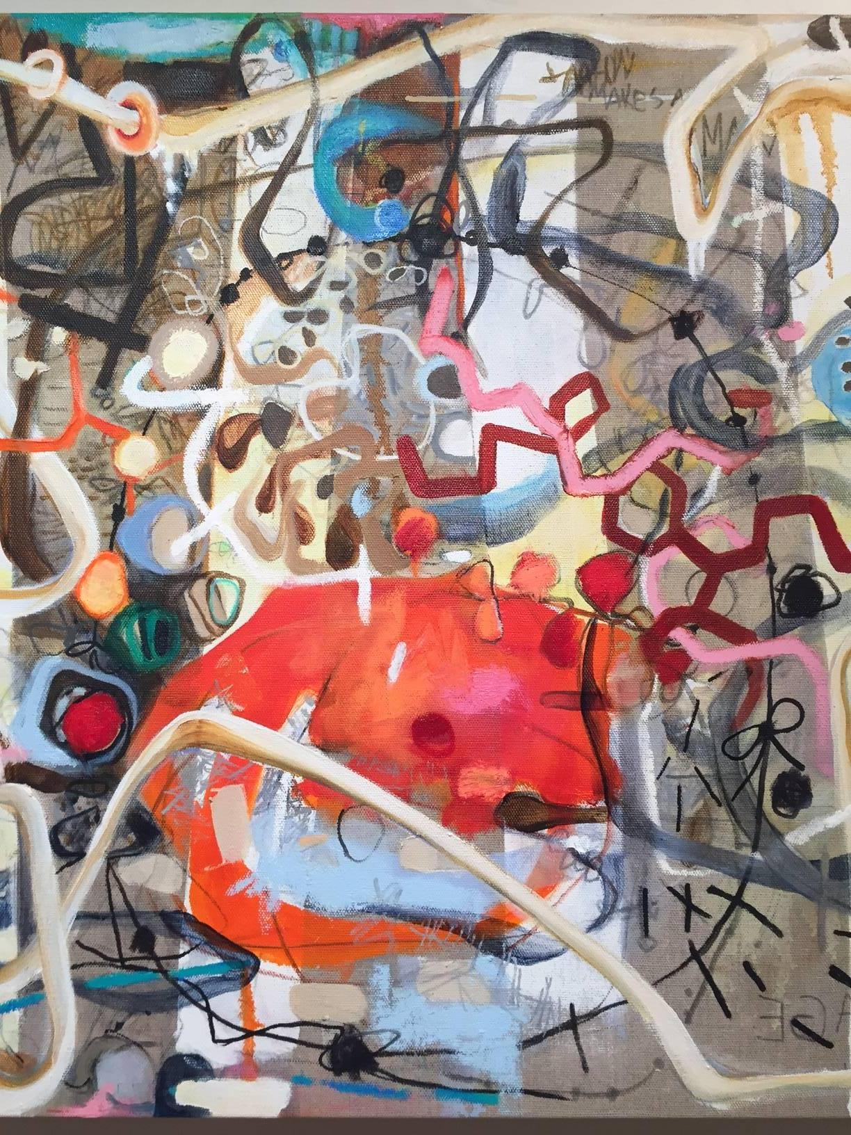 Janet Lage’s energetic abstract pieces are loaded with writing (graffiti), color, form and expressionistic brushstrokes. 
For Lage, the painting process is an alliance of language and image. The narrative is based on the changing dynamics of love