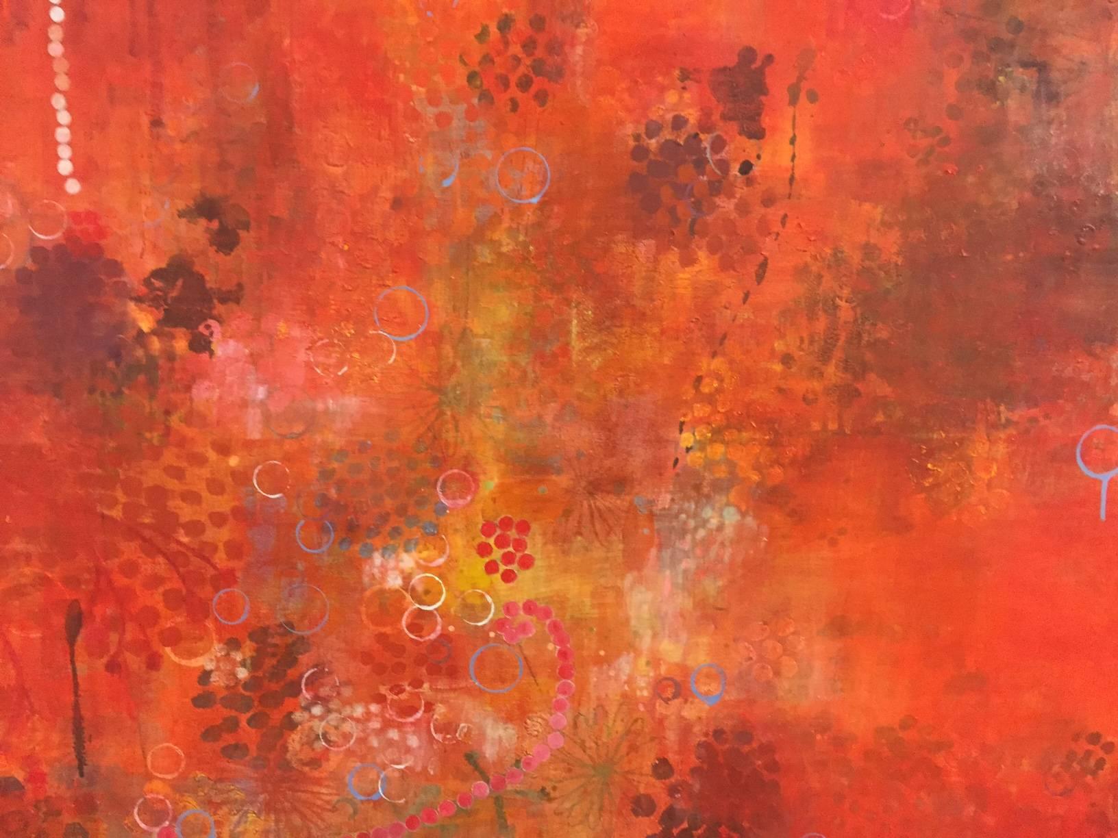 This beautiful red abstract painting is by Daru Jung Hyang Kim. Her Asian inspired work integrates the two aspects of her aesthetic and sensibility into one composition. She merges culture and nature, merging East and West, the traditional and the