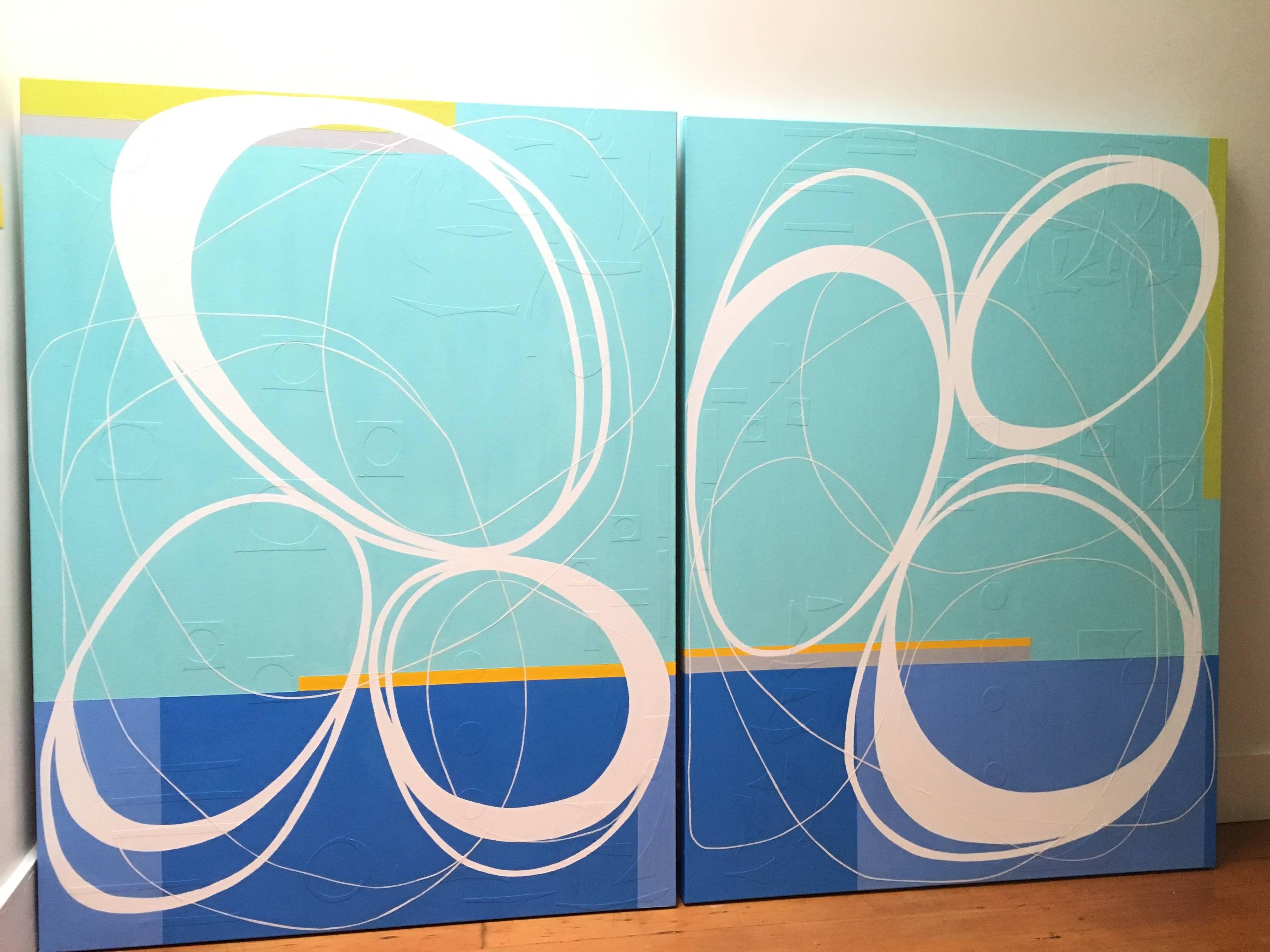 Bicycle 1 & 2 abstract blue mid century modern style For Sale 1