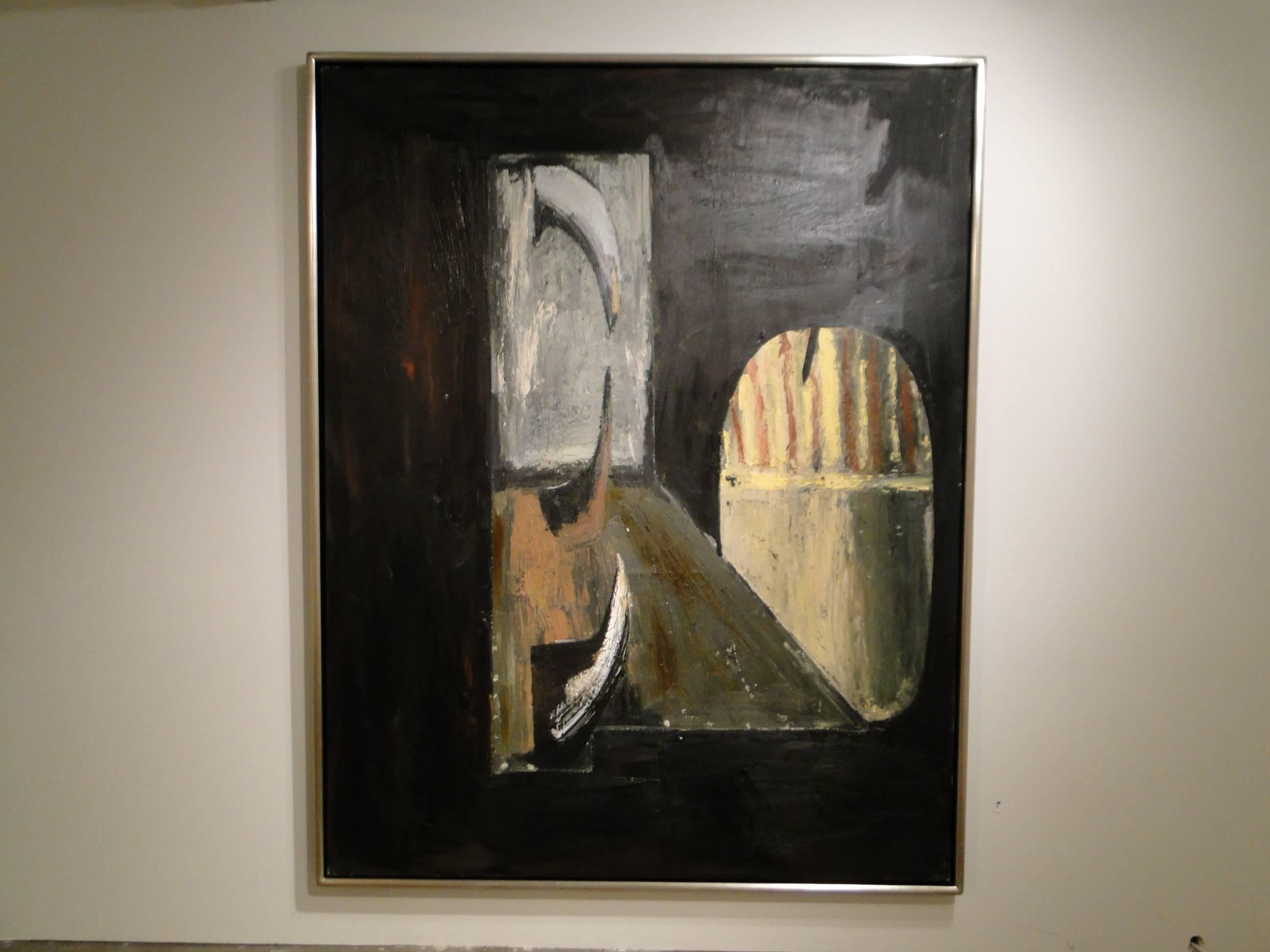 Form with Yellow Shield - Black Abstract Painting by John Walker