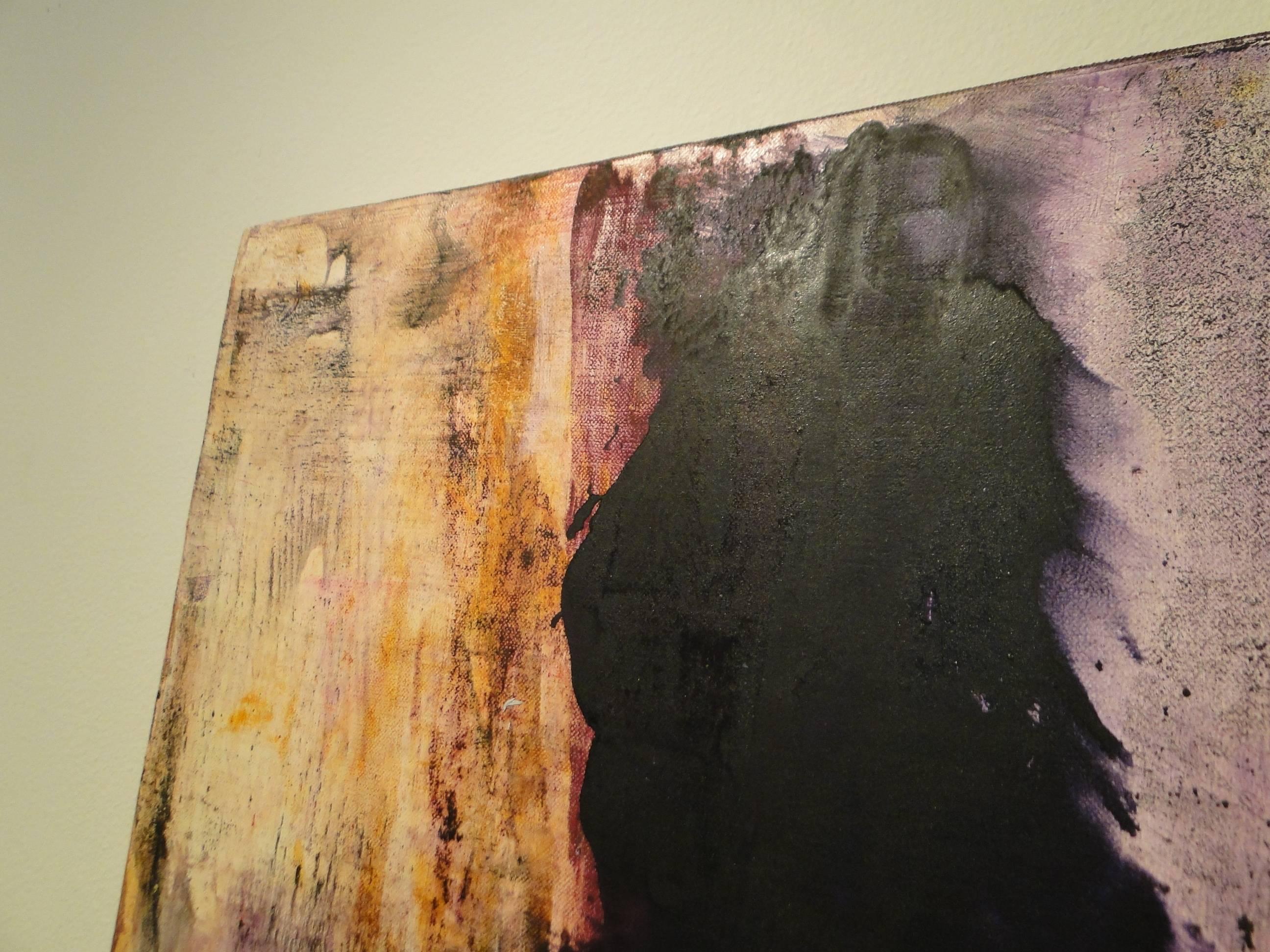This dark, rich, arresting masterpiece by celebrated abstract expressionist artist Bill Jensen is remarkably dynamic. It features airy, thinly-painted negative space, juxtaposed with warm, bracing ochre and a deep, mysterious purple-black heart.