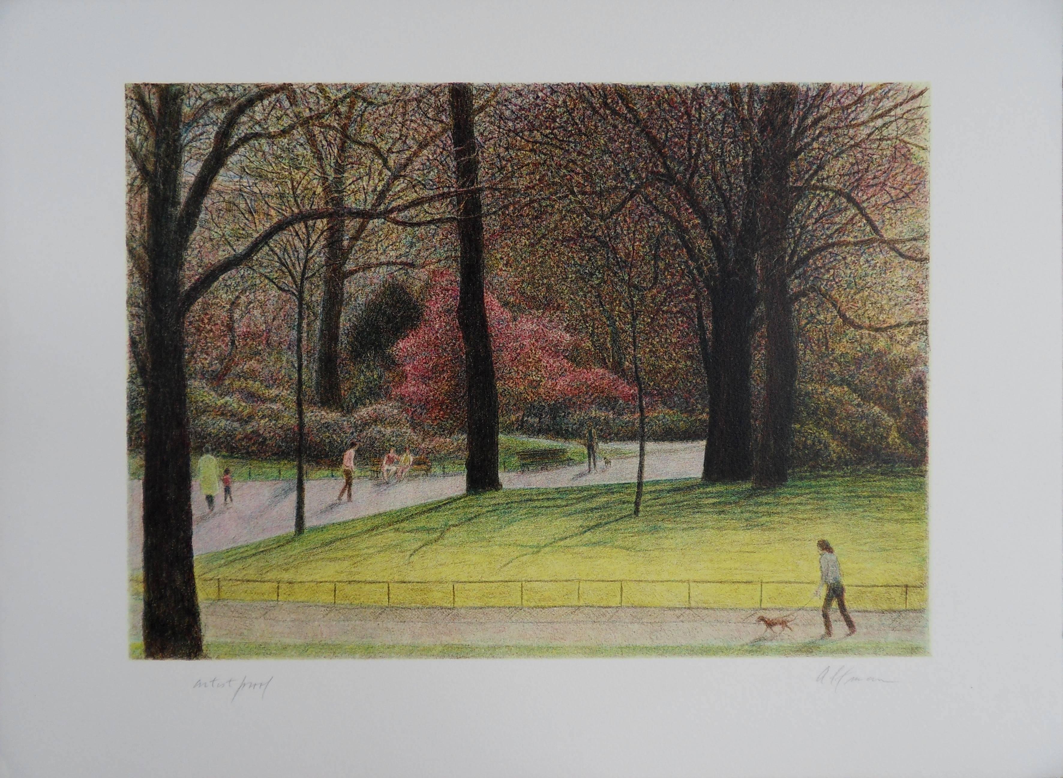 Harold Altman Landscape Print - Central Park Views : A Walk With The Dog - Original handsigned lithograph