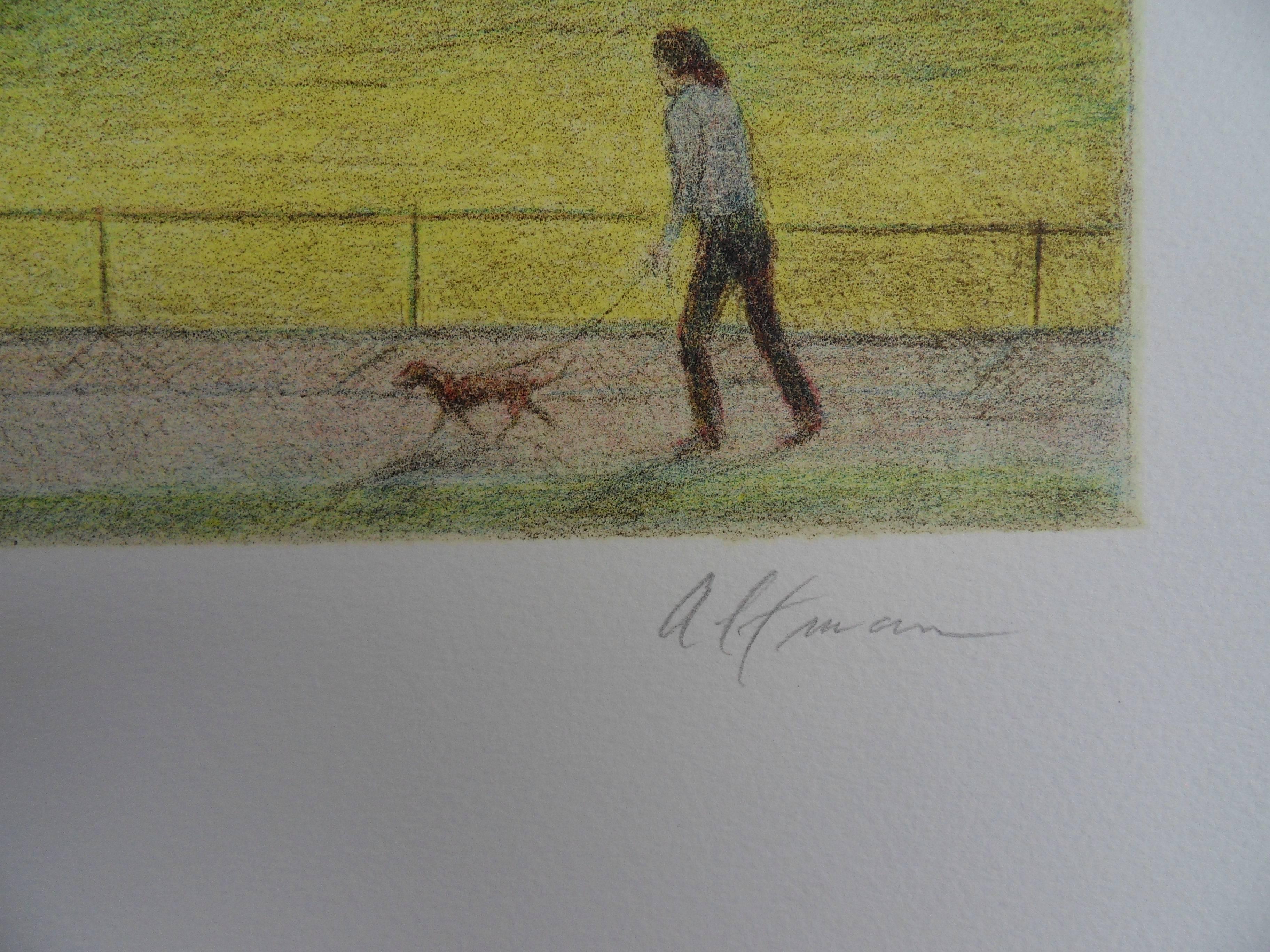 Central Park Views : A Walk With The Dog - Original handsigned lithograph - Print by Harold Altman