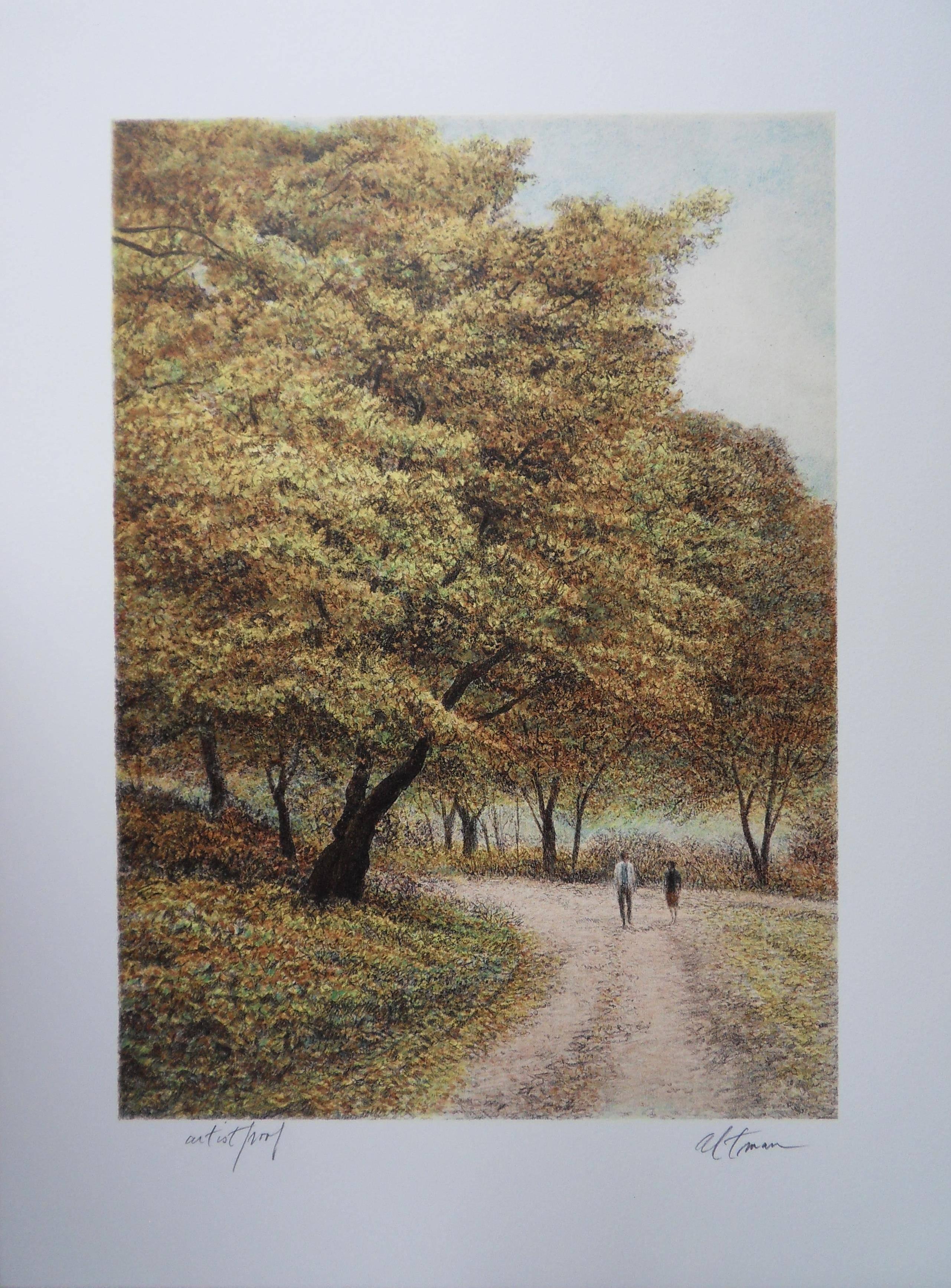 Harold Altman Figurative Print - Central Park Views : Fall - Original handsigned lithograph