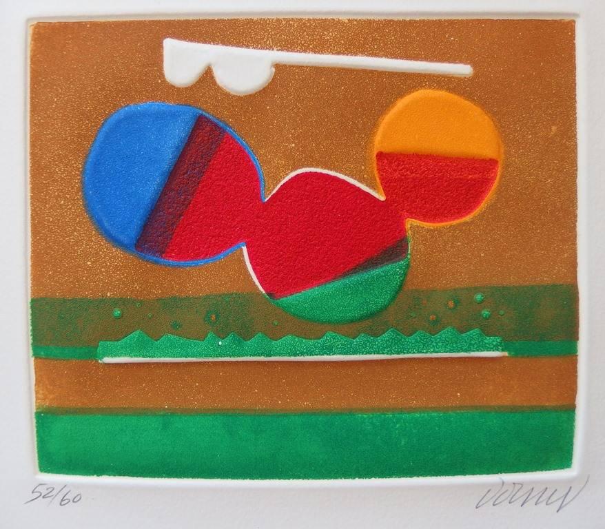 Abstrakte Abstraktion mit drei Sonnen - Original handsignierte Radierung - 60 Exemplare (Abstrakter Expressionismus), Print, von Bertrand Dorny