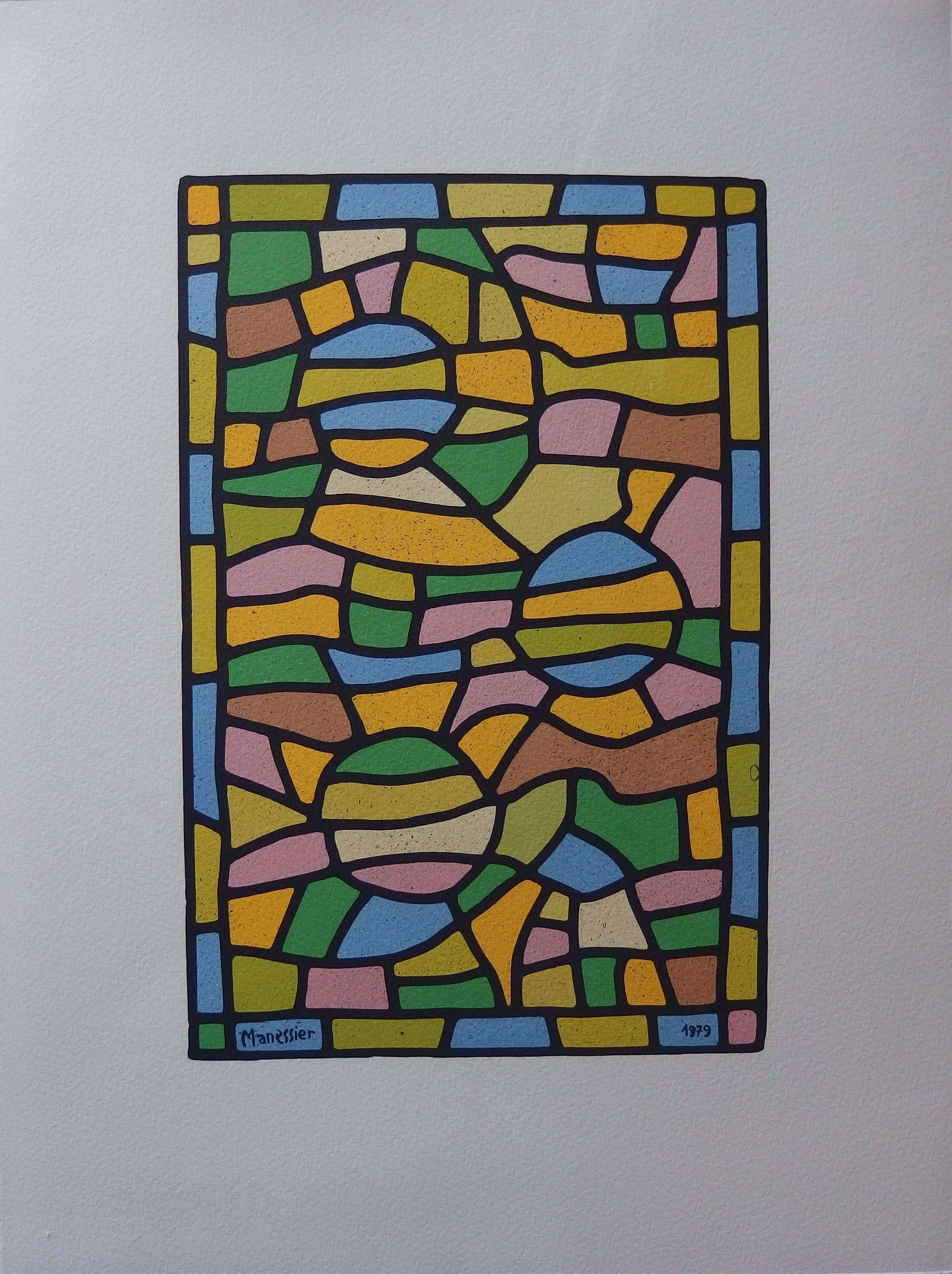 Alfred MANESSIER Abstract Print - Stained Glass With Three Suns - Original signed lithograph