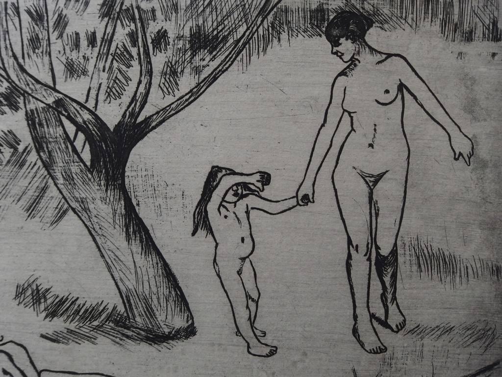 Women and Child on the riverside - Original handsigned etching - 75 copies - Gray Nude Print by Suzanne Valadon