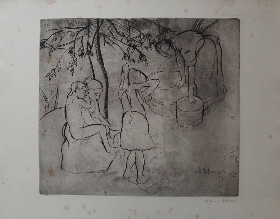 Suzanne Valadon Figurative Print - Children's Bath in the Garden - Original handsigned etching - 75 copie