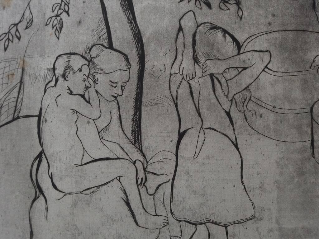 Children's Bath in the Garden - Original handsigned etching - 75 copie - Gray Figurative Print by Suzanne Valadon