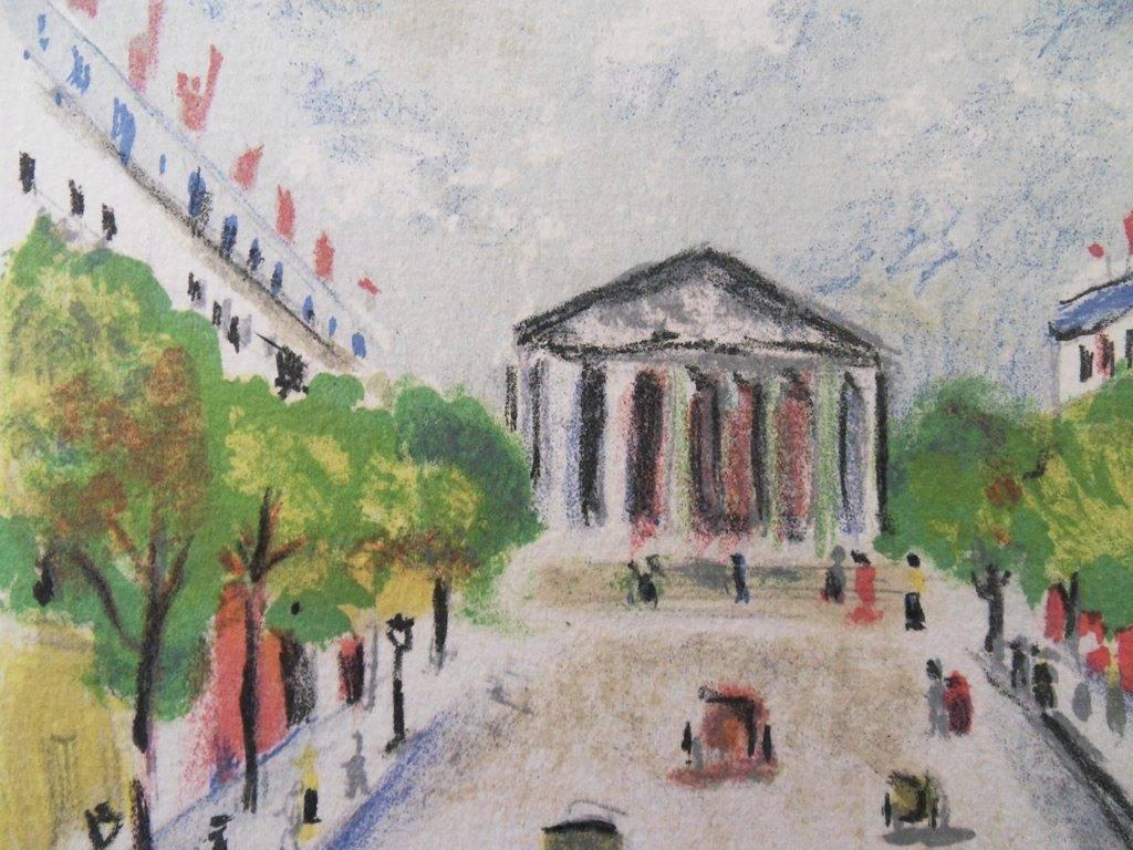 Paris : La Madeleine - Rue Royale - Original signed lithograph - 197 copies - Gray Landscape Print by Maurice Utrillo