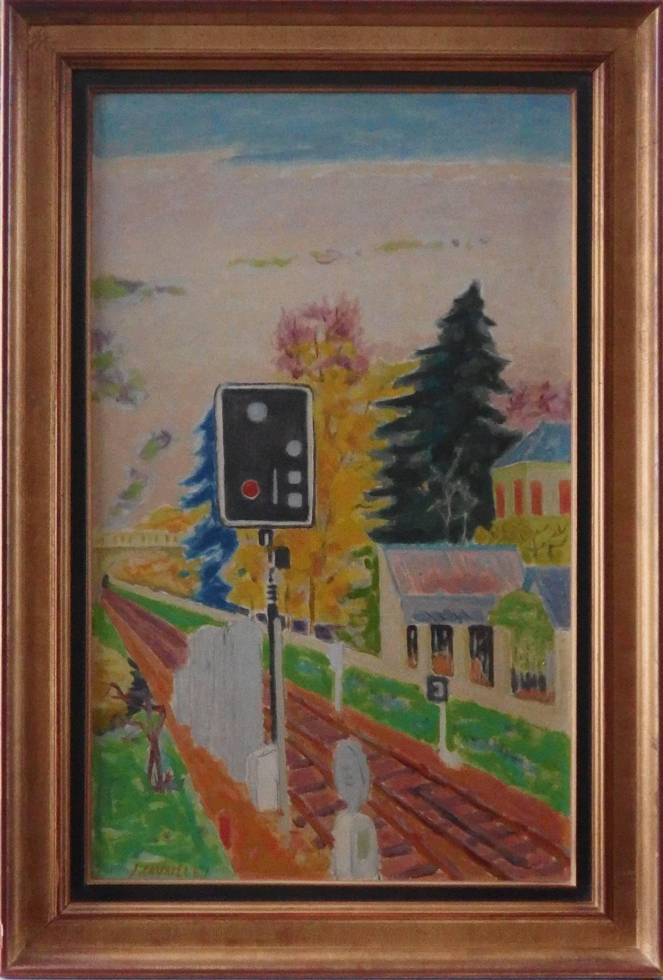Jules Cavailles Landscape Painting – Railway: Das Signal – Original Öl auf Leinwand – signiert