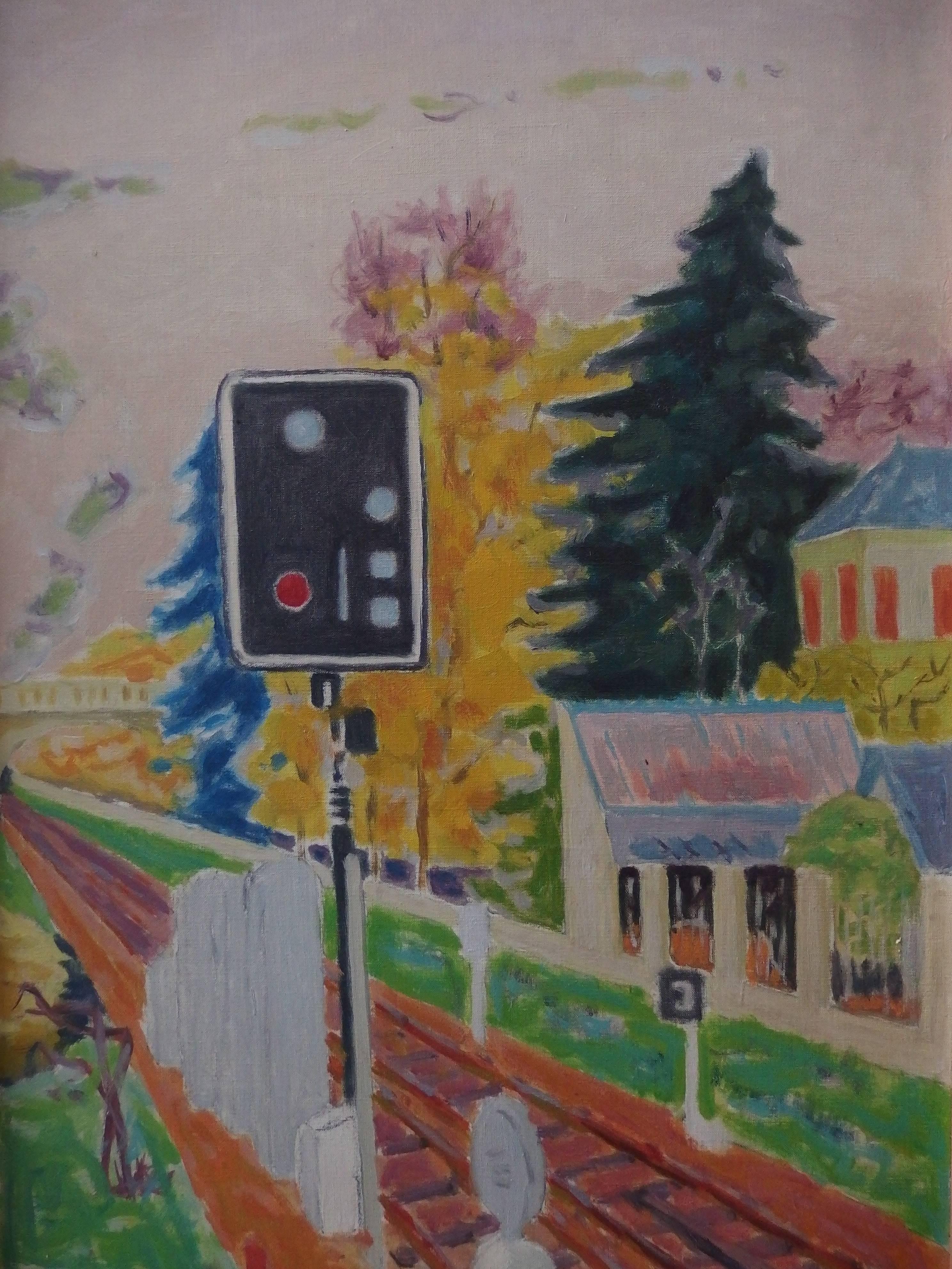 Railway: Das Signal – Original Öl auf Leinwand – signiert (Braun), Landscape Painting, von Jules Cavailles