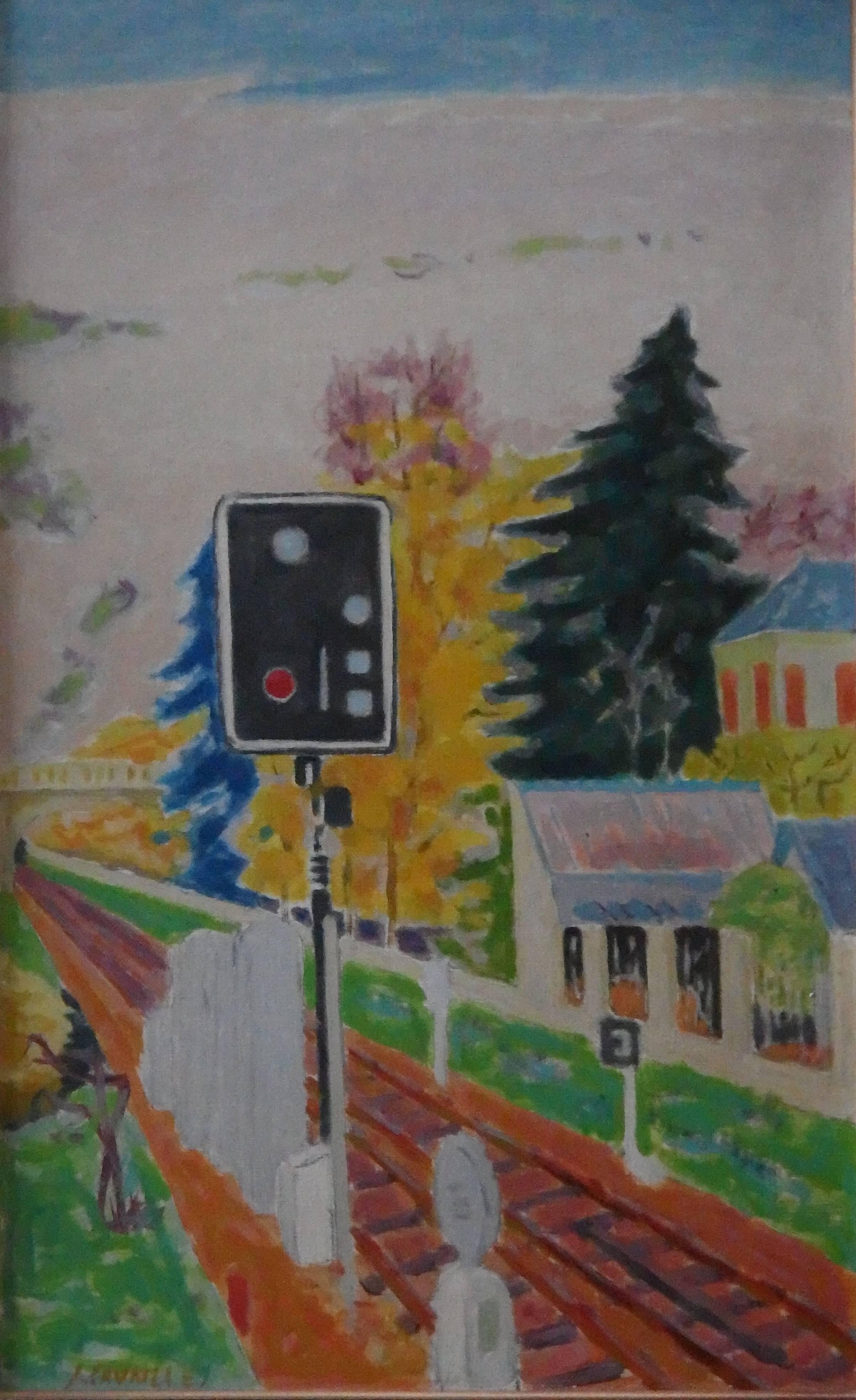 Railway: Das Signal – Original Öl auf Leinwand – signiert (Realismus), Painting, von Jules Cavailles