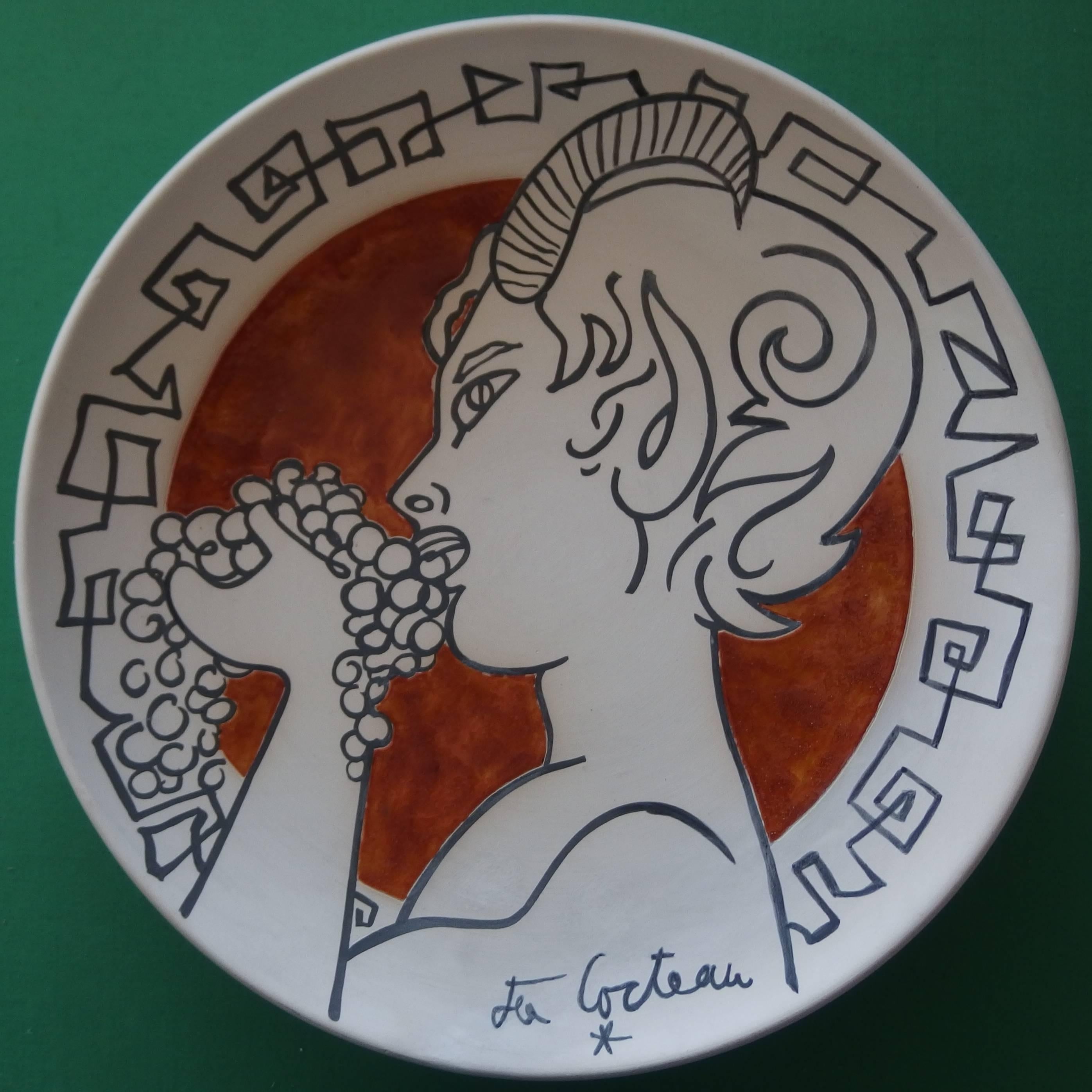 Jean Cocteau Figurative Sculpture - Faun Eating Grappes - Tall original ceramic dish - Signed, Ltd 15 copies