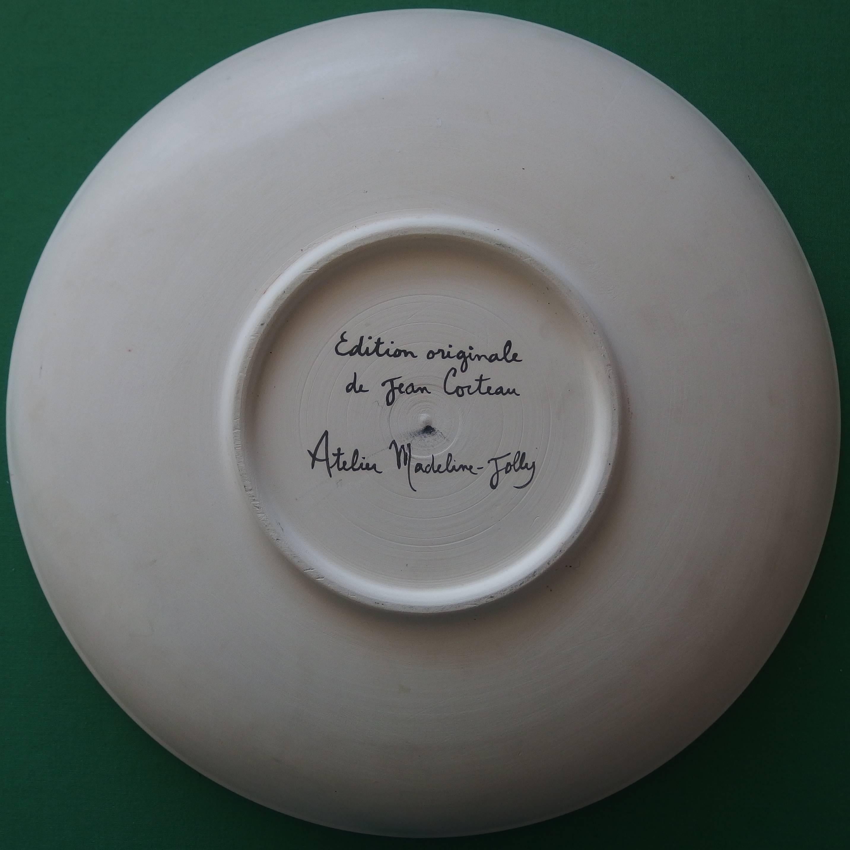 Faun Eating Grappes - Tall original ceramic dish - Signed, Ltd 15 copies - Sculpture by Jean Cocteau