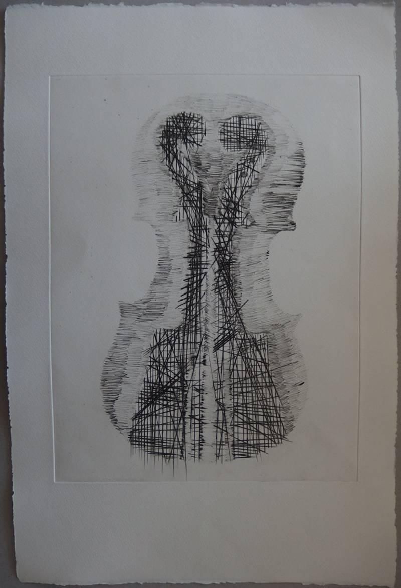 Fernandez Arman Figurative Print - Violin and scrolls - Original etching - 75 copies